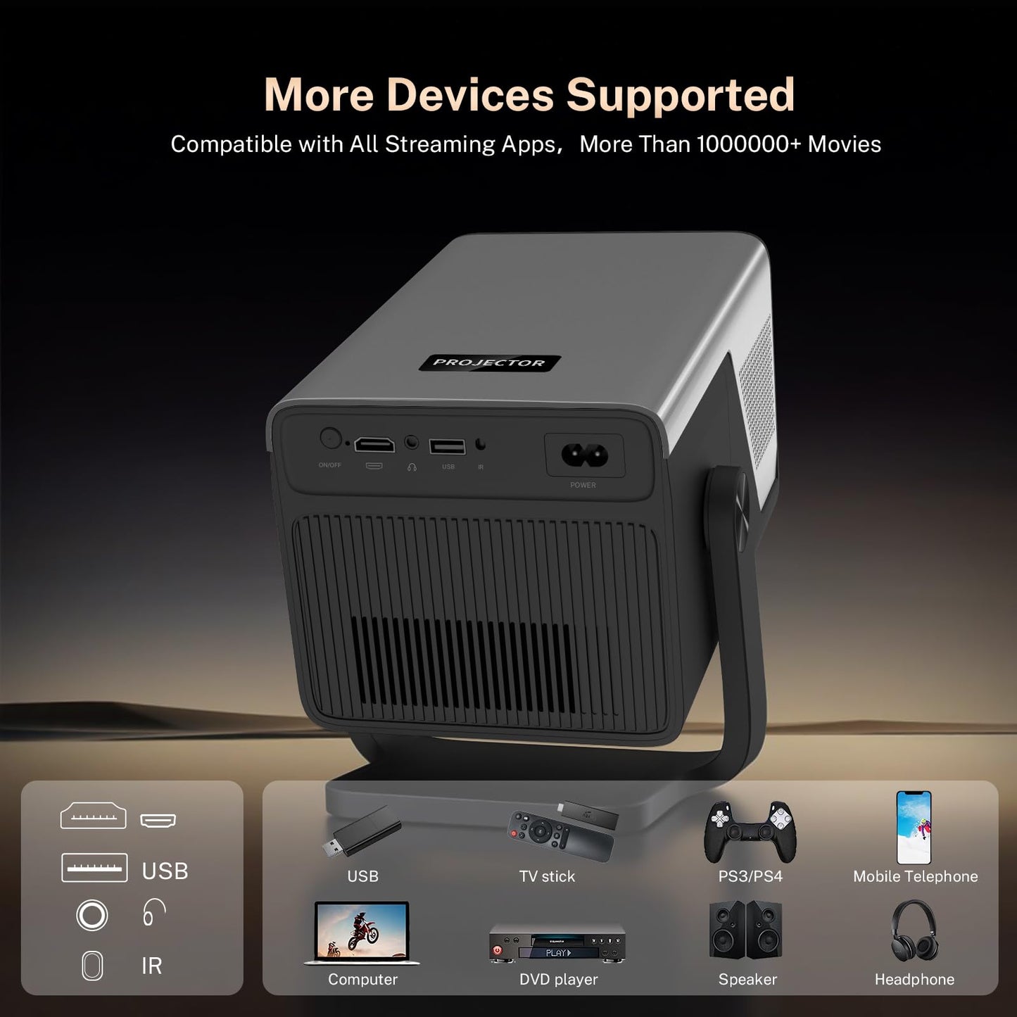 [4K Support/2000 ANSI/AI Visual Calibration] X7 Native 1080P Smart Projector with Android 14 OS,Compatible with Netflix YouTube,AI Auto Focus&Keystone,WiFi,Bluetooth,200" Display Black&Slate Gray