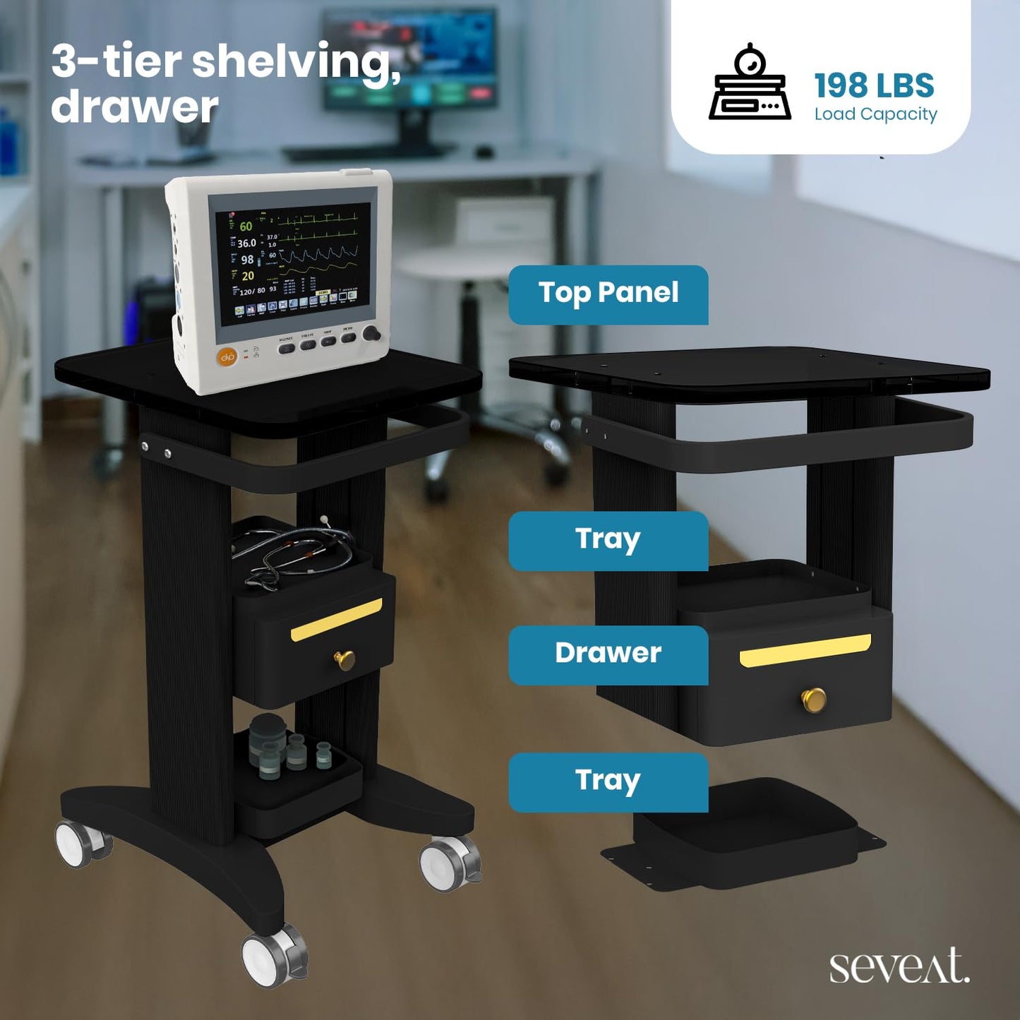 Seveat Professional Medical Cart with Drawers, 3 Tier, 198 Lbs Capacity, Portable Rolling Trolley for Home, Spa, Hospital, Office, Clinic (Black)