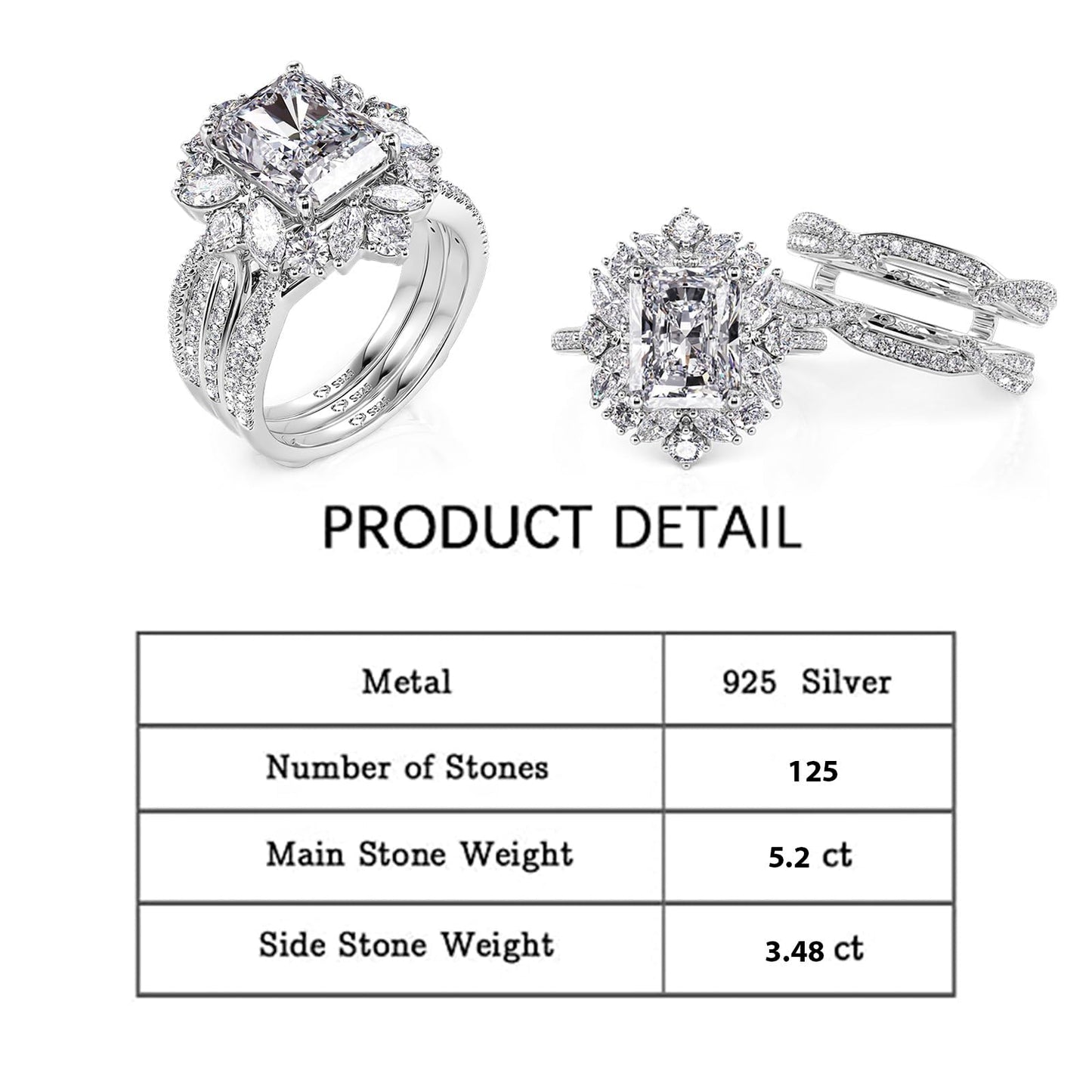Jeulia 2 PC Interchangeable Engagement Ring Set for Women; 5.2CT Sterling Silver Twisted Radiant Cut Diamond Wedding Bridal Ring Set Inset Gorgeous Anniversary Promise Band with Jewelry Gift Box (White Diamond, 5)