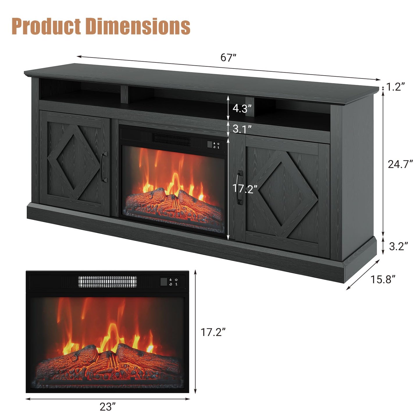 67" Electric Fireplace with Mantel and Cabinets, Stand for TVs up to 80" with 23" Electric Fireplace Remote Control for Living Room or Bedroom