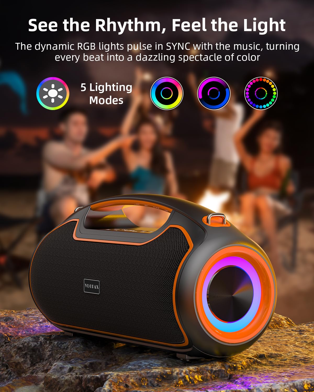 VUOPAX Portable Bluetooth Speakers Wireless Upgrade, 200W Peak Loud Sound/Deep Bass for Party, IP65 Waterproof Outdoor Speaker w/ 2*Subwoofer/2*Tweeter/DSP/Bass Boost/TWS/TF/USB/AUX, 24H Playtime