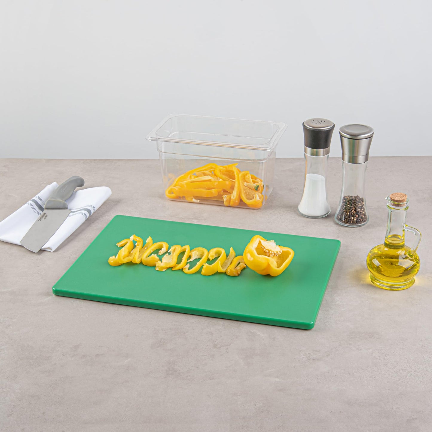 Restaurantware-RW Base 18 x 12 Inch Cutting Boards, 10 Color Coded Chopping Boards - No Scratch, Dishwashable, Green Plastic Cutting Board Mats, No Odor, Durable, No Slip, For Fruits And Vegetables