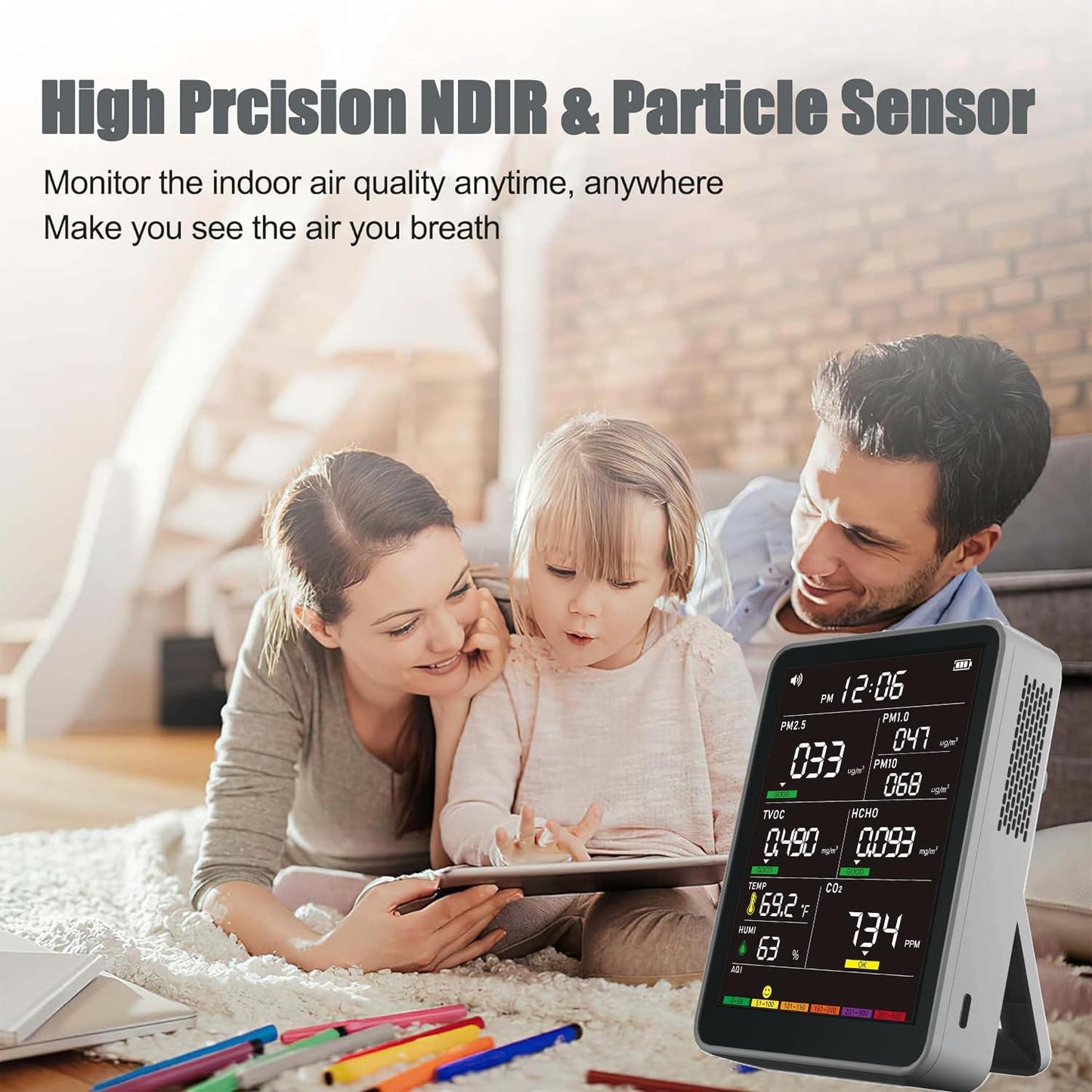 Professional Indoor Air Quality Monitor with AQI Alarms, Portable Real-Time Detector for Home Cars Plants and Pets (Grey)