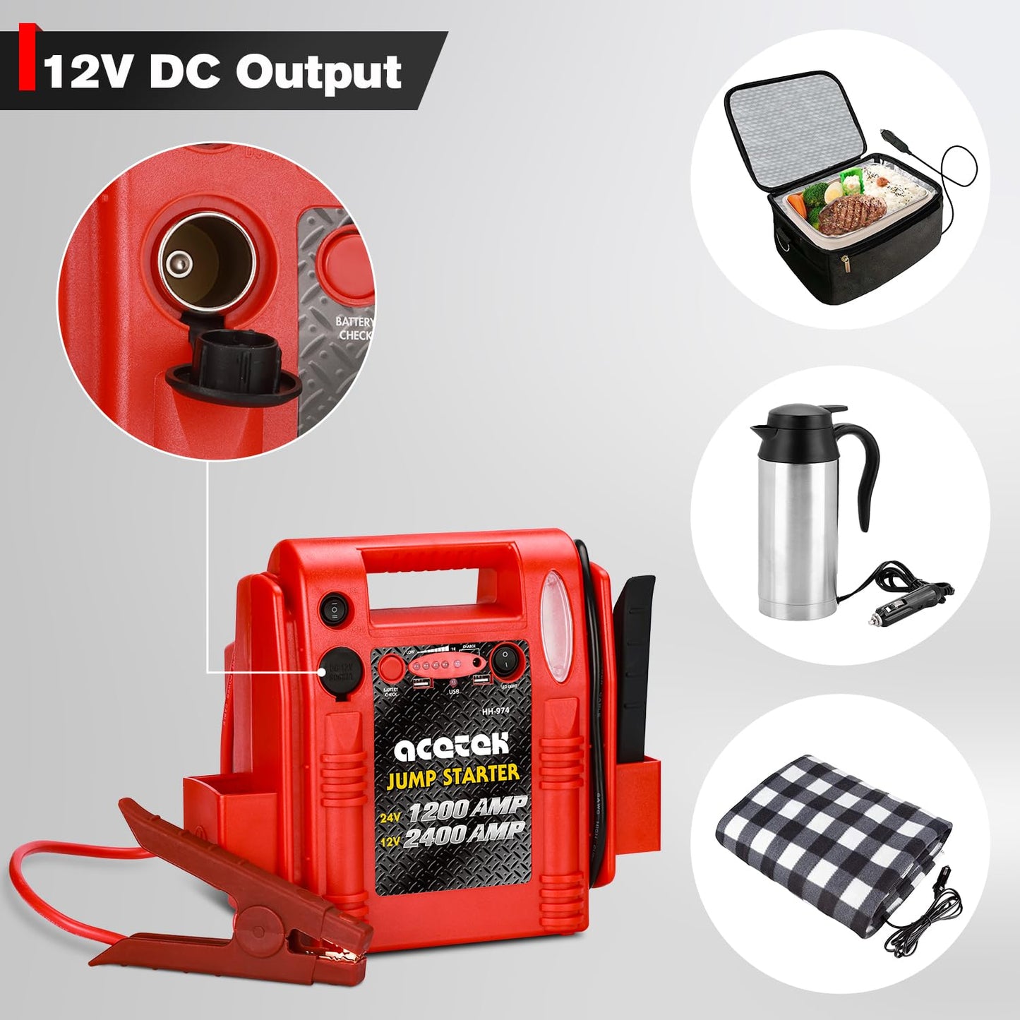 12V / 24V Jump Starter, acetek 2400/1200 Peak Amp Battery Jump Starter for Truck Car Tractor Excavator, Heavy Duty Jump Box Battery Pack with USB and DC Output