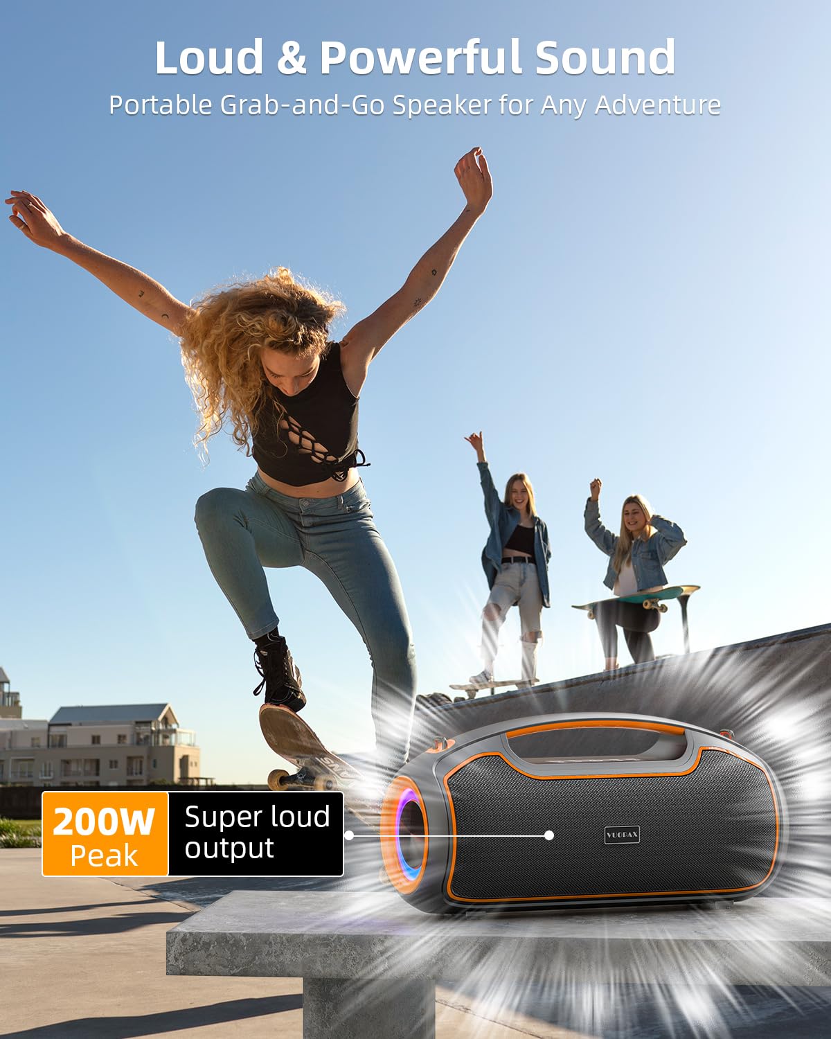 VUOPAX Portable Bluetooth Speakers Wireless Upgrade, 200W Peak Loud Sound/Deep Bass for Party, IP65 Waterproof Outdoor Speaker w/ 2*Subwoofer/2*Tweeter/DSP/Bass Boost/TWS/TF/USB/AUX, 24H Playtime