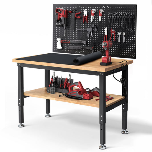 ENJOYWOOD 48 Inch Work Table for Garage Adjustable Height Rubber Wood Tabletop Workbench with Storage Work Bench Table with Power Outlets Pegboard Pad for Woodworking Shop Home Office