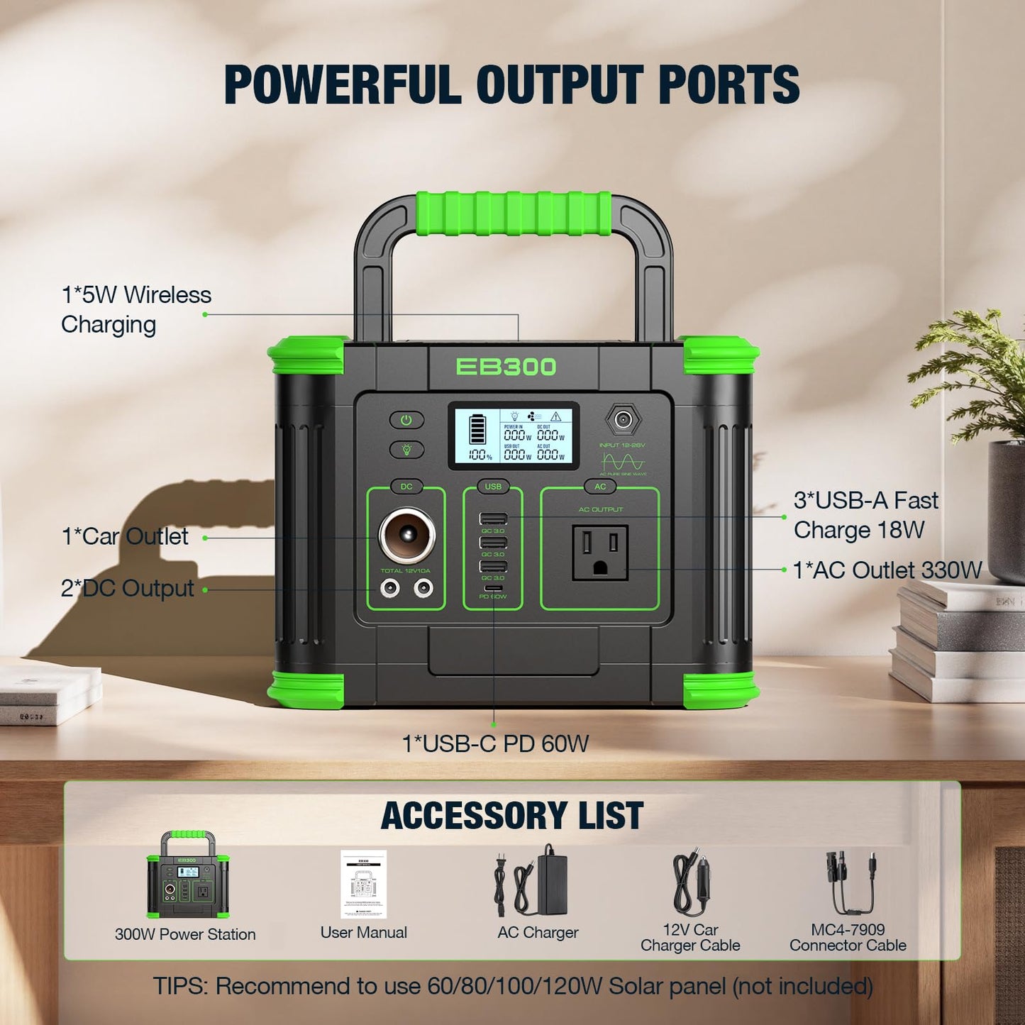 Portable Power Station 330W 288Wh Solar Generator with 60W USB-C PD Fast Charging, Pure Sine Wave AC Outlet, 5W Wireless Charger, LED for Camping, RV, CPAP, Home Emergency Backup, Off-Grid Living