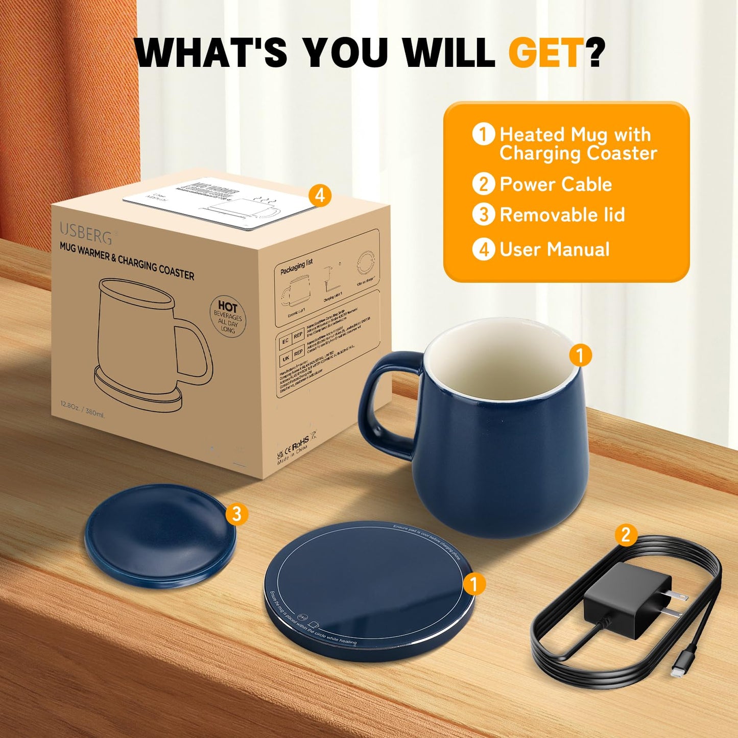 USBERG Smart-Warming Ceramic Mug & Plug in 15W Wireless Charger Combo - Keep Coffee Hot (131°F/55°C, USB-C) & Phone Charged, Cord-Free! 12.8 oz, Splash-Proof Lid (Navy Blue)