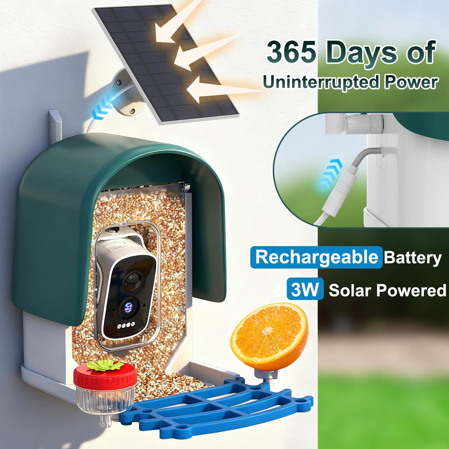 Smart Bird Feeder with Camera Solar Powered, AI Bird Identification for 10000+ Species, 4K HD Live Video & Instant Alerts, USB Charging, 2.4GHz WiFi Bird House, IPX7 Waterproof for Garden (Green)