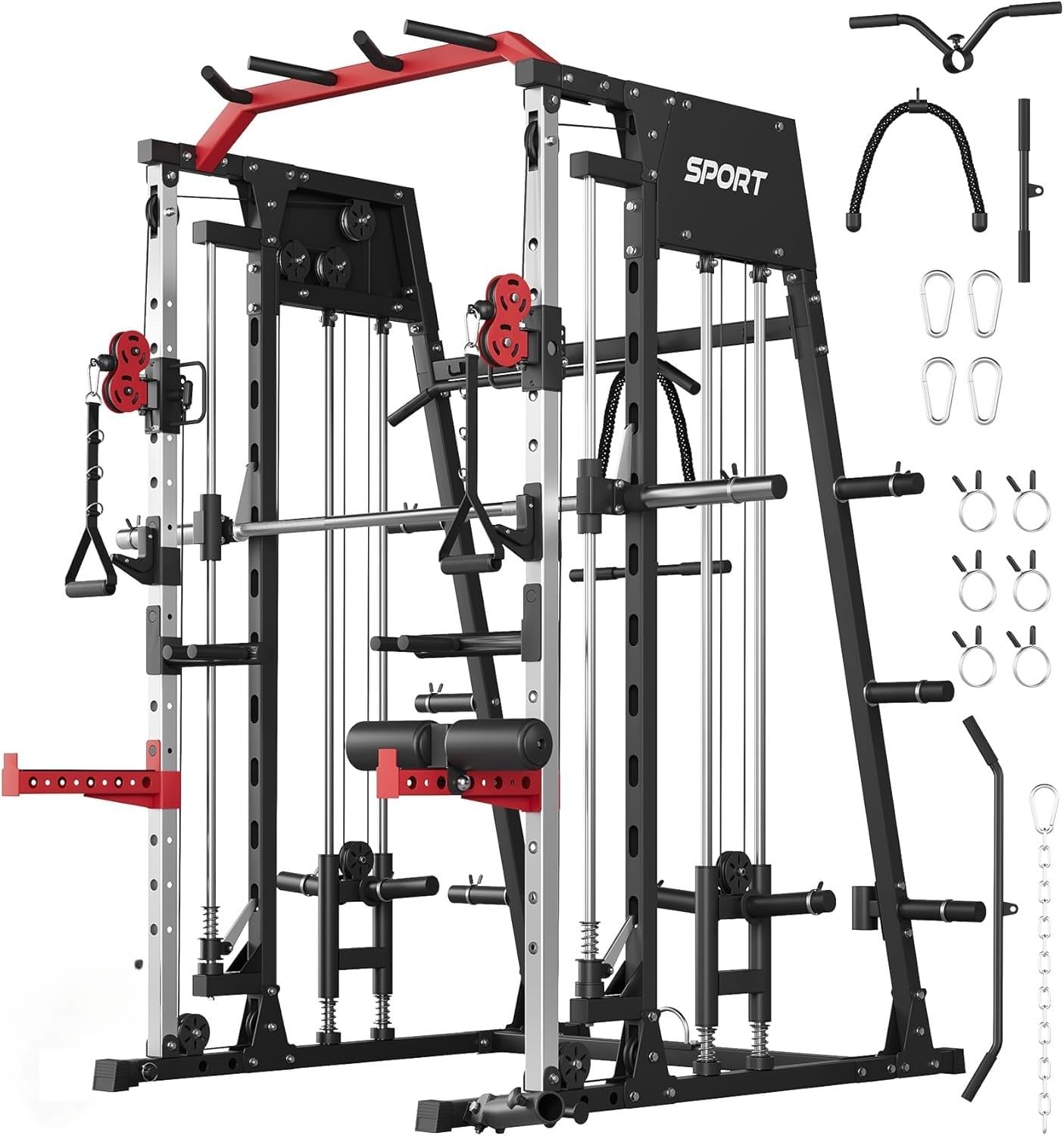 Smith Machine Power Rack, 2200 LB Capacity, Multi-Functional Home Gym LAT Pulldown & Cable Crossover, t-Bar Row, Leg Anchor, Full Body Strength Trainer, Red& Black