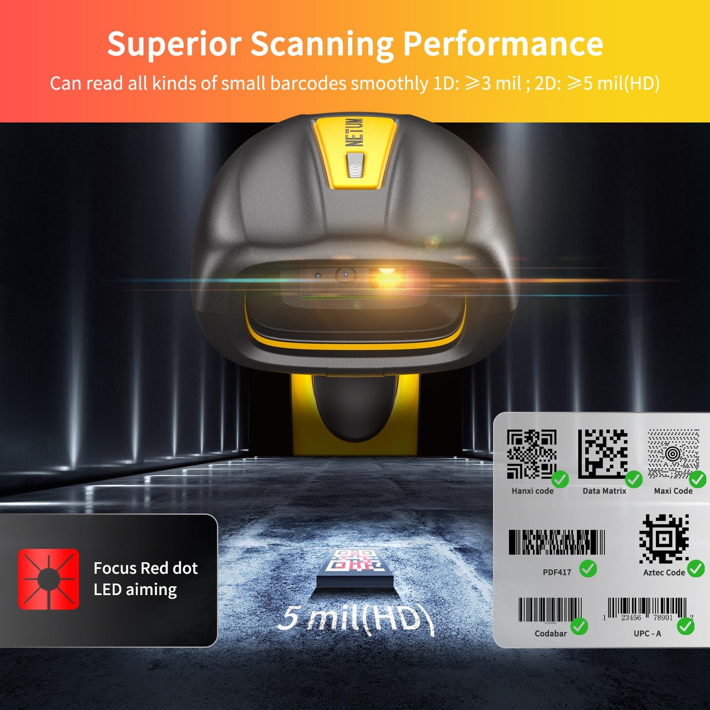 NETUM Upgraded QR Industrial Bluetooth Barcode Scanner with Charging Dock, Wireless 2D 1D Bar Code Reader 2600mAh Drop Protection Shock Dust Proof Hands Free for Windows Mac Android iOS (RD-1202W)