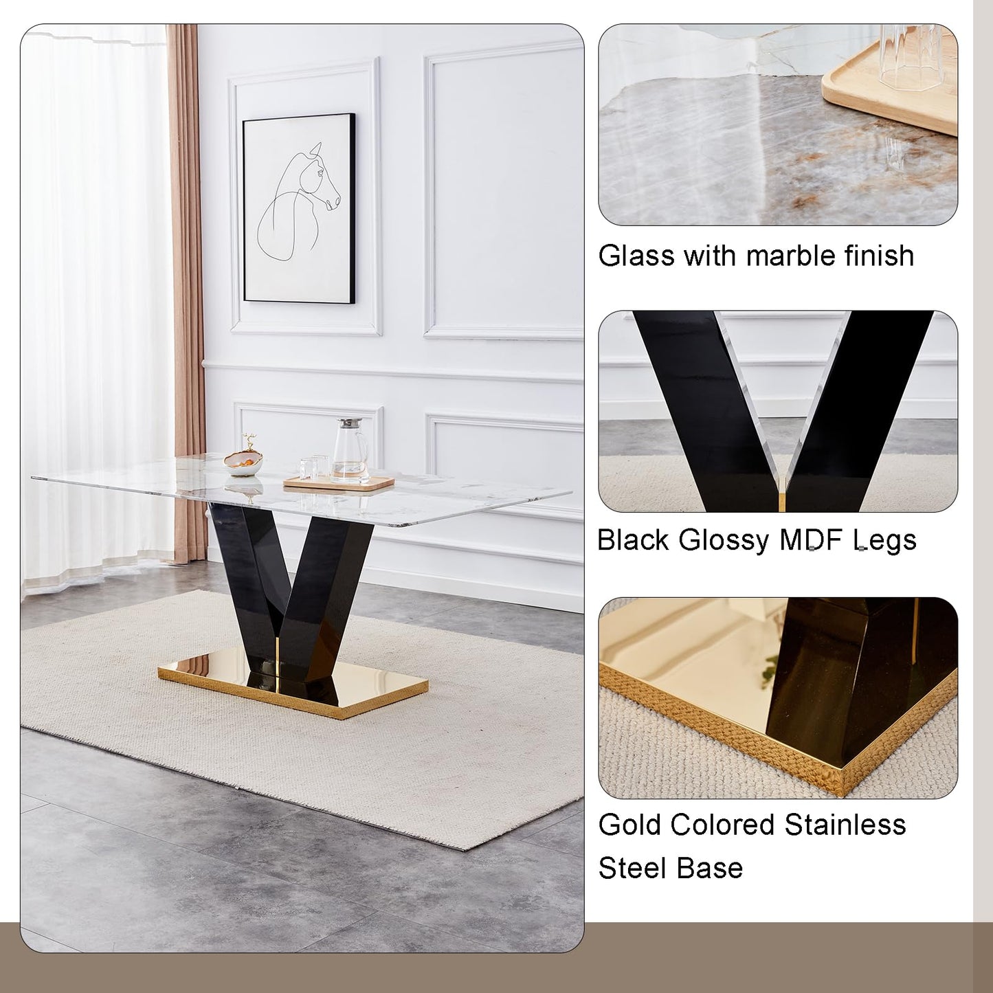71'' Dining Table Set for 8,Marble Dining Table Set,Modern Kitchen Table with 8 PU Leather Chairs,Gold Dining Room Table Set with V-Shaped Black Glossy Pillars,Ideal for Kitchen Dining Room