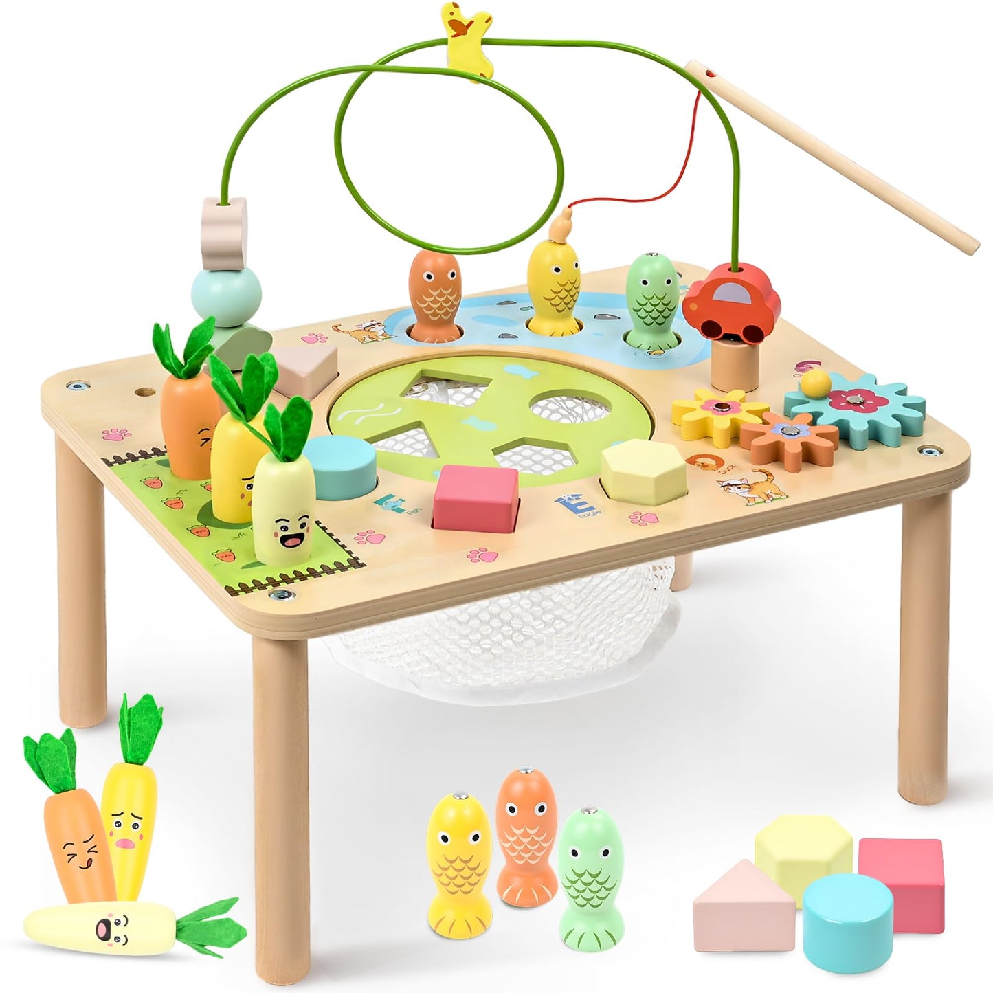 WINGYZ Activity Table, 6 in 1 Wooden Montessori Activity Center with Bead Maze Shape Sorter Fishing Game, Kids Sensory Play Table Toddler Toys 1st Birthday Gifts Boy Girl(Morandi)