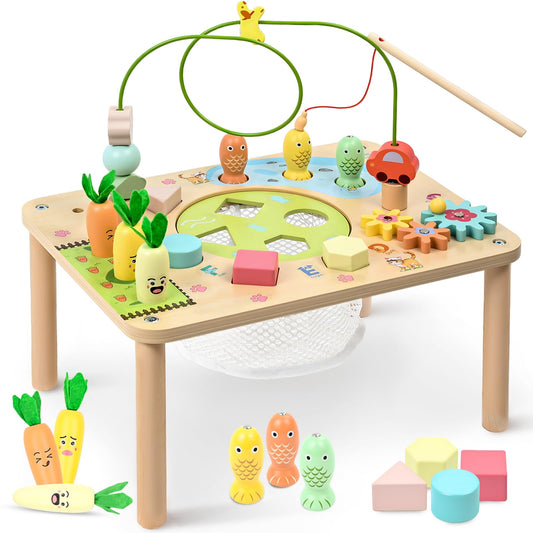 WINGYZ Activity Table, 6 in 1 Wooden Montessori Activity Center with Bead Maze Shape Sorter Fishing Game, Kids Sensory Play Table Toddler Toys 1st Birthday Gifts Boy Girl(Morandi)