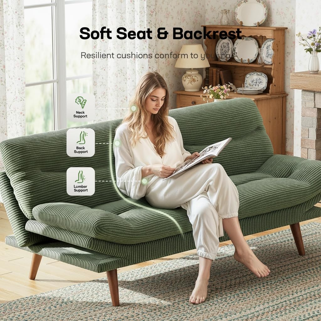 Marsail Futon Sofa Bed, 66” Futon Couch with Adjustable Backrest & Armrests, Convertible Small Sleeper Sofa Bed for Small Apartments, Study Room, Office, Corduroy Loveseat, Olive Green