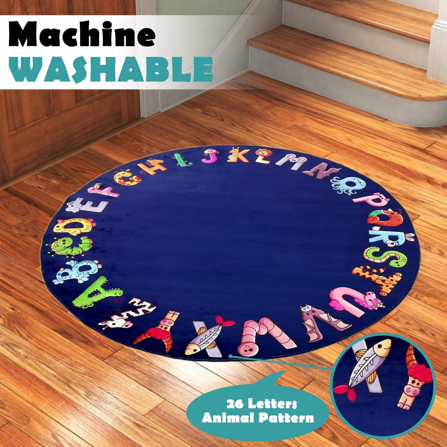 Round Kids Play Rug, ABC Rugs for Kids, Toddlers and Baby, Nursery Area Rug Soft Crawling Play Mat, Non Slip Circle Alphabet Educational Carpet for Children Playroom Classroom Bedroom Decor