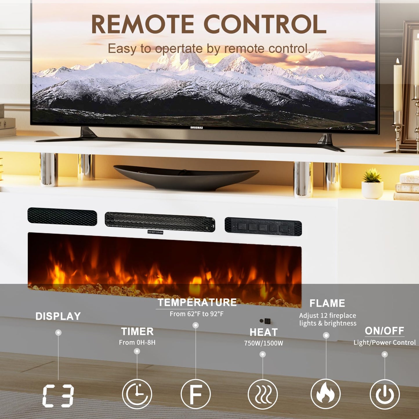 OneBlis 70" TV Stand for Living Room, Entertainment Center & Media Console with Storage, Fits TVs up to 80", Modern TV Cabinet with Shelves, 36" Electric Fireplace (All White)