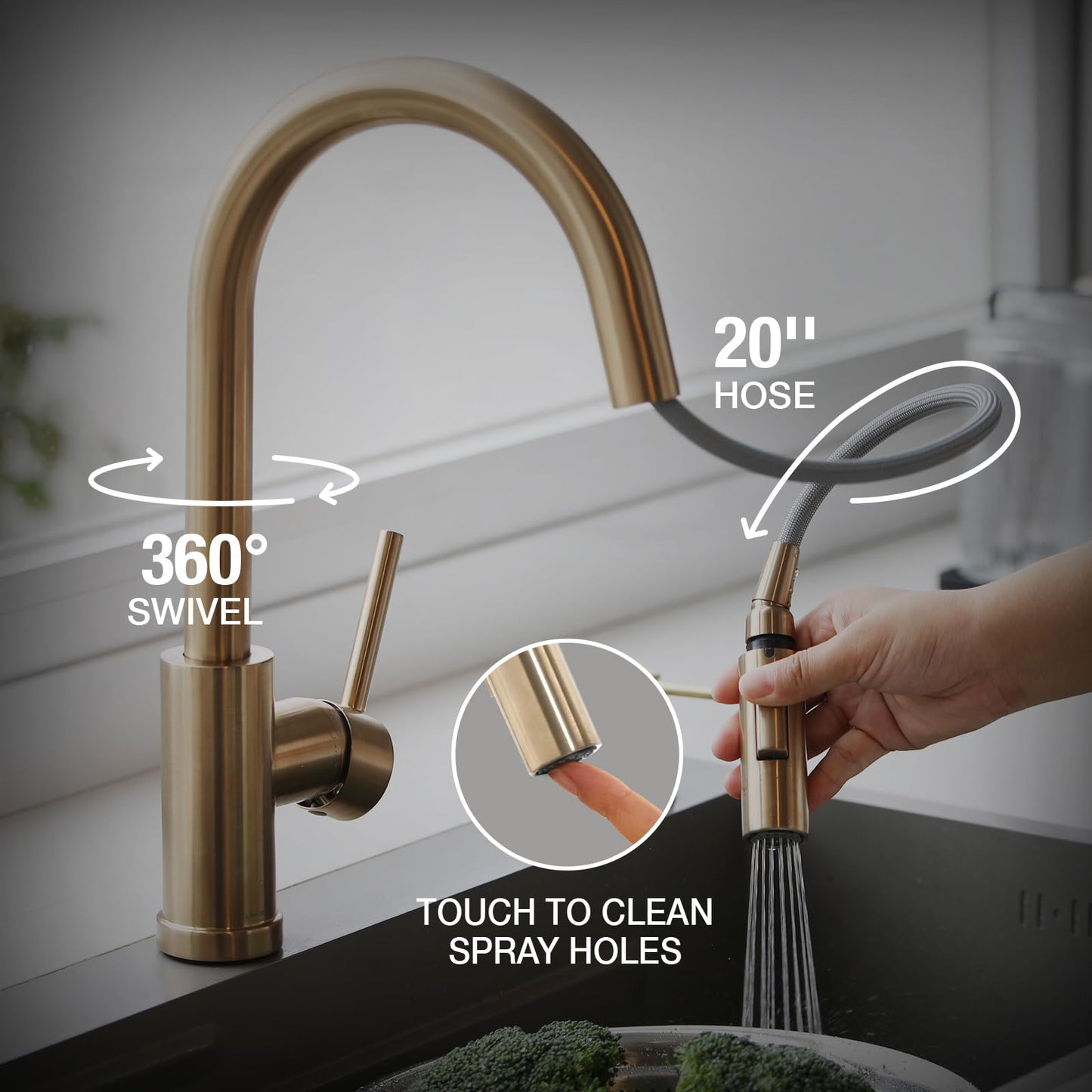 Lava Odoro Champagne Gold Kitchen Faucet with Pull Down Sprayer, Modern Kitchen Sink Faucet Single Hole Gold Faucet for Kitchen Sink with 2-Function Spray Head, Deck Plate Included, KF1120-CB