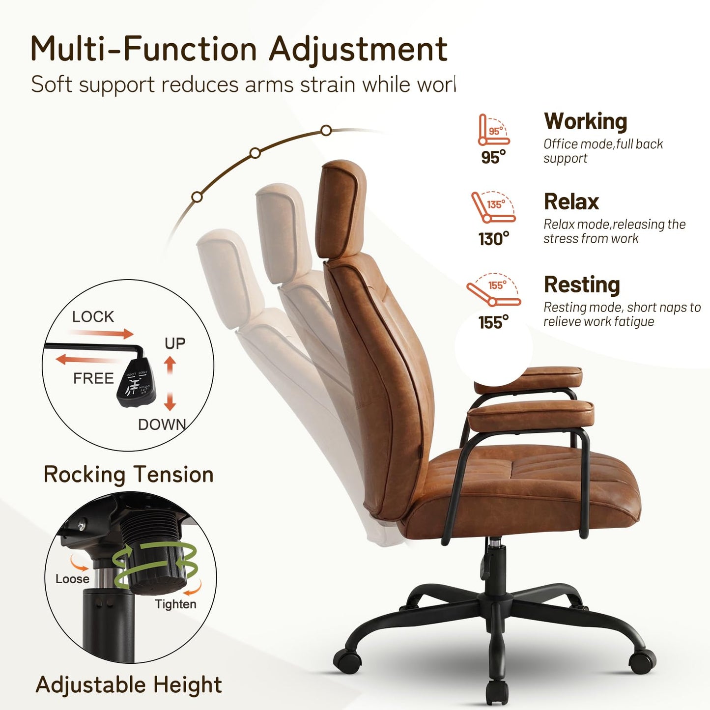 Furniliving Leather Office Chair with Adjustable Headrest, Mid-Century Modern High-Back Office Desk Chair, Ergonomic Computer Chair with Wheels, Armrests, Lumbar Support, Brown