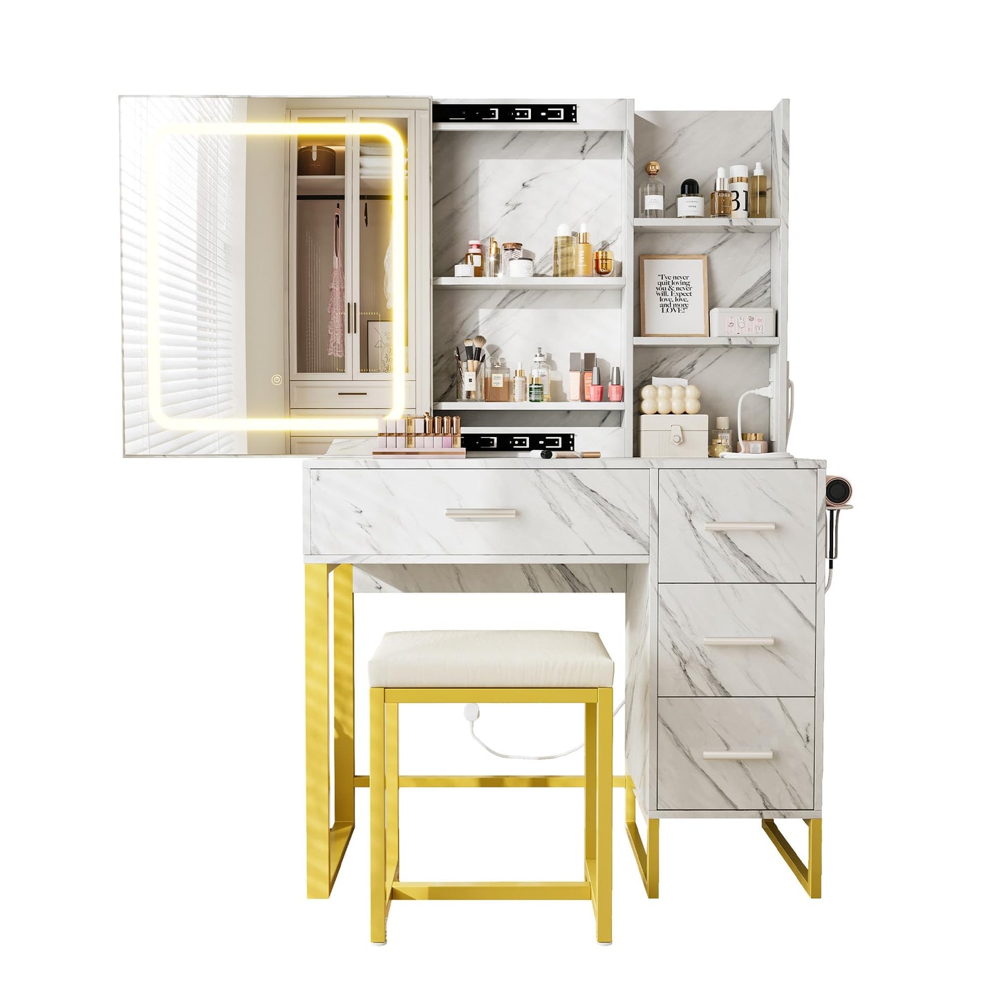 GAOMON 57'' Large Vanity Desk with Mirror & Lights, Makeup Vanity Table with Charging Station, 3 Lighting Modes, Elegant Vanity Set with 4 Drawers and Shelves, Cushioned Stool,Marble White