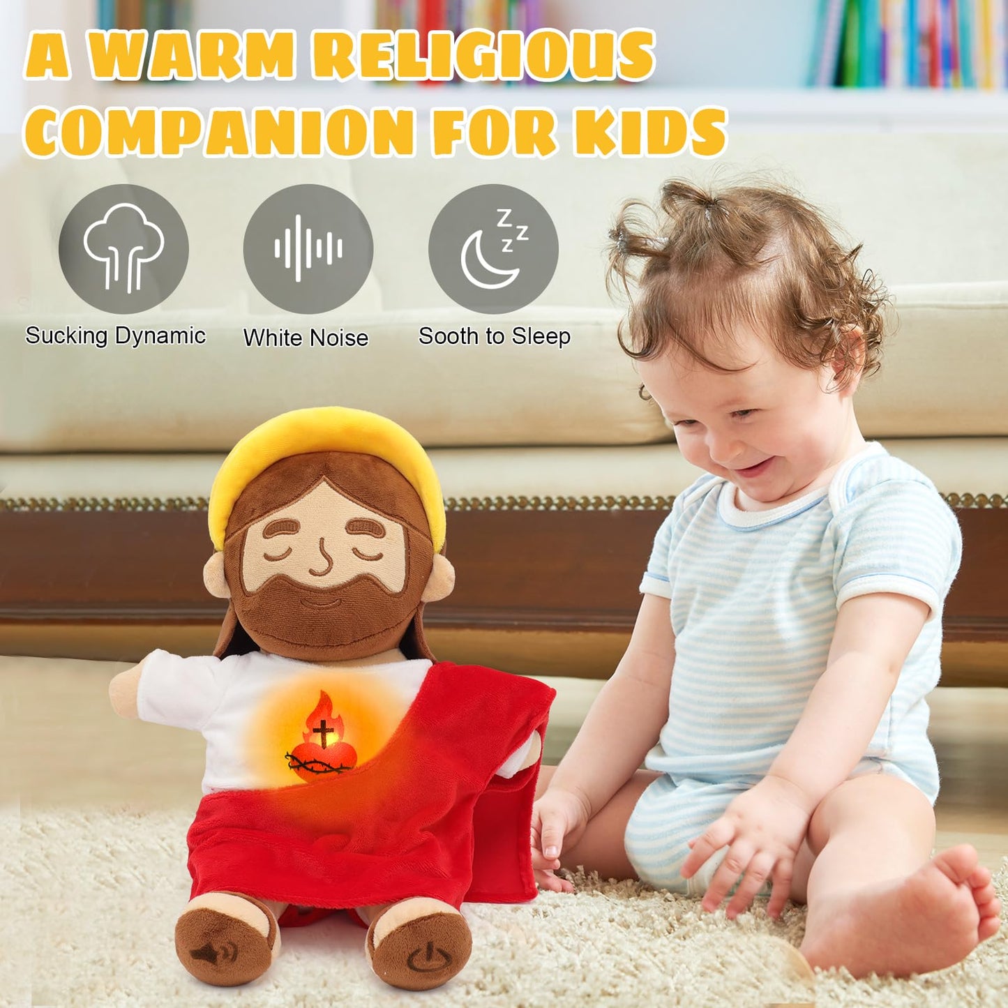 Yelakey Soothing Jesus Plush Toys with Light & Sound, 15" Jesus Stuffed Breathing Plushy Doll, Christian Catholic Religious Plushie Christmas Easter Gifts for Kids Baby (Brown)