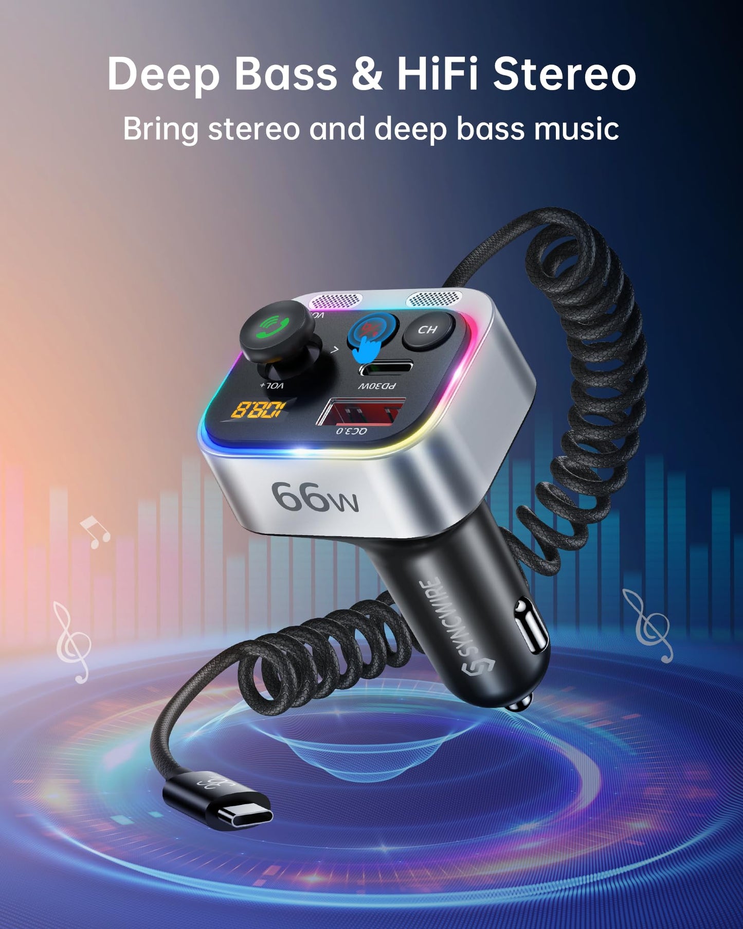 Syncwire Bluetooth 5.4 FM Transmitter Car Adapter 66W PD & QC 3.0 Fast Charging with USB-C Cable Wireless Radio Adapter with Light Control, HiFi Bass, Hands-Free Calling and Strong Mics