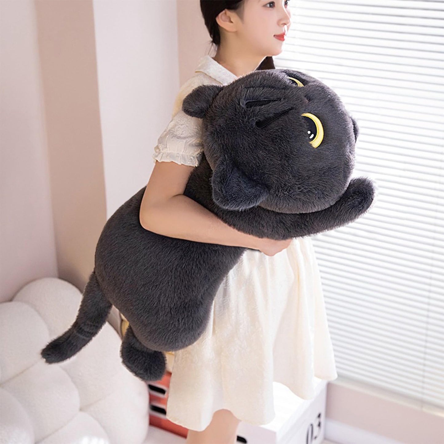 PEACH CAT 27.5" Long Cat Plush Pillow Cute Kitten Stuffed Animals Plushies Toy Gifts for Kids Grey