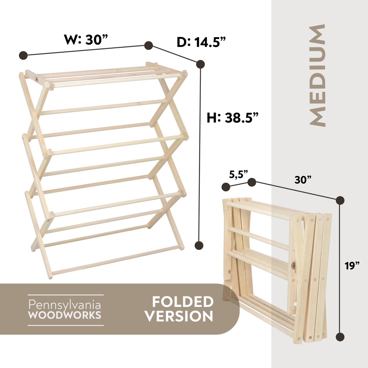 Pennsylvania Woodworks Premium American Maple Clothes Drying Rack - Extra Large Wall Clothes Drying Rack, Collapses to 35" x 20" x 8", Handcrafted in Pennsylvania