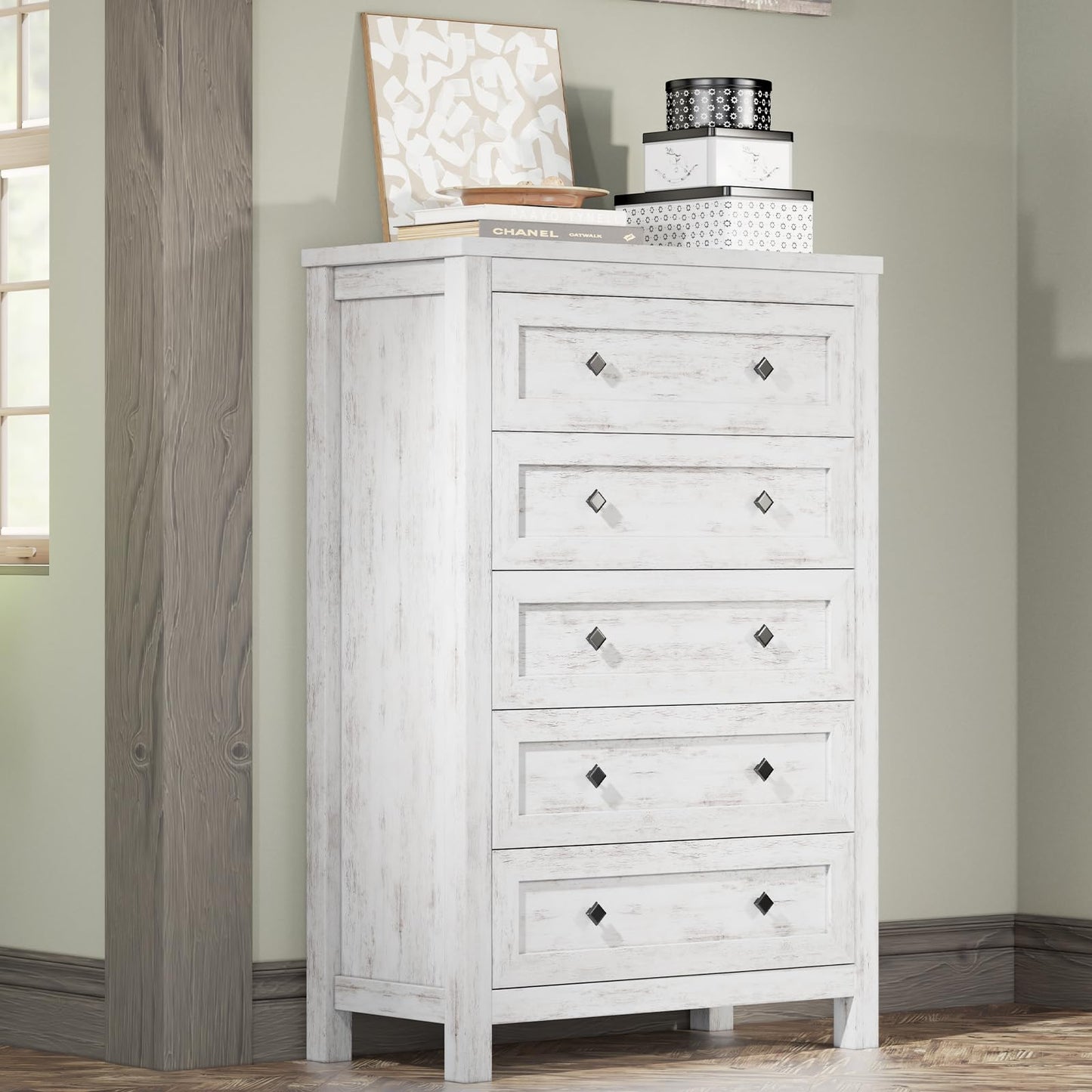 AMERLIFE Farmhouse 5 Drawers Dresser for Bedroom, Wood 47" Tall Dresser for Closet, Natural Texture Chest of Drawers for Bedroom, Living Room, Hallway and Entryway, Distressed White