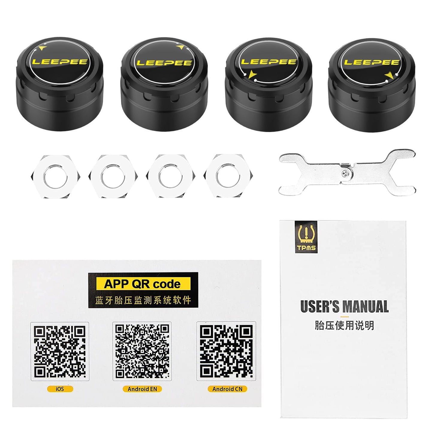 LEEPEE Tire Pressure Monitoring System, 5 Alarm Modes, with 4 External Sensors TPMS, Support iOS and Android, Real-time Displays Pressure and Temperature (0.1-6.4Bar)