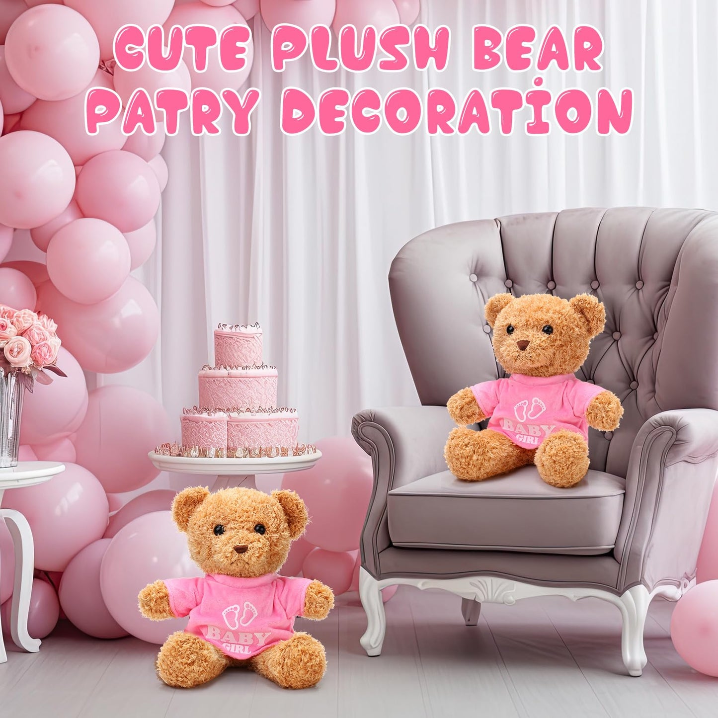 Silipull 6 Pcs Baby Shower Bear Bulk 12 Inch Stuffed Animal Bear Cute T Shirt Plush Toy Gift Fluffy Decorations for Shower Birthday Gender Reveal Party Favors(Baby Girl)