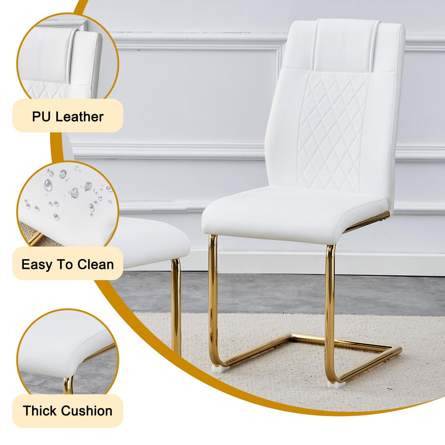 JEARGE Glass Dining Table Set for 6, Modern Kitchen Table Set for 6, 71" Tempered Glass Tabletop with U-Shaped Gold Base, 7 Ppiece Large Dining Room Table Set with White PU Leather Chairs