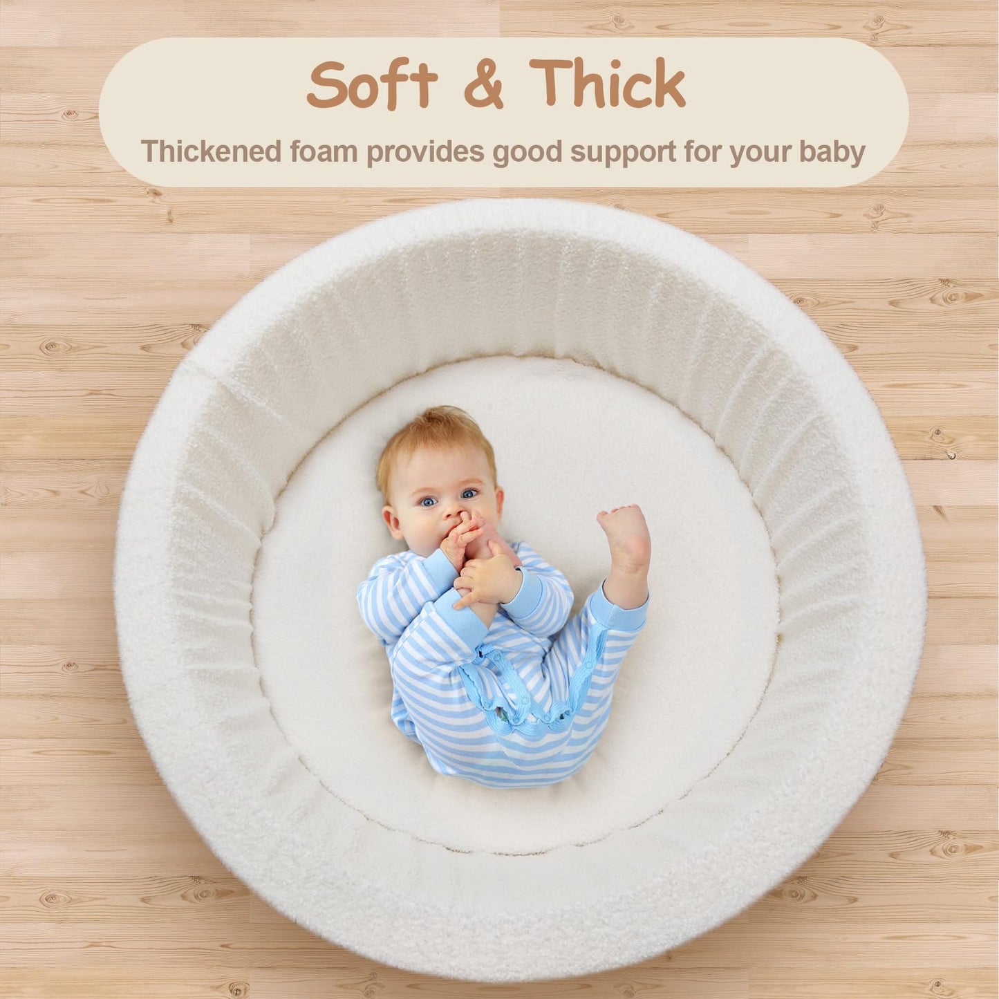 MEOGETY Baby Ball Pit with 5 Hanging Toys & Removable Play Arch for Toddlers Soft Foam Activity Center for Girls Boys Great Gift, Easy to Assemble & Clean, Teddy White