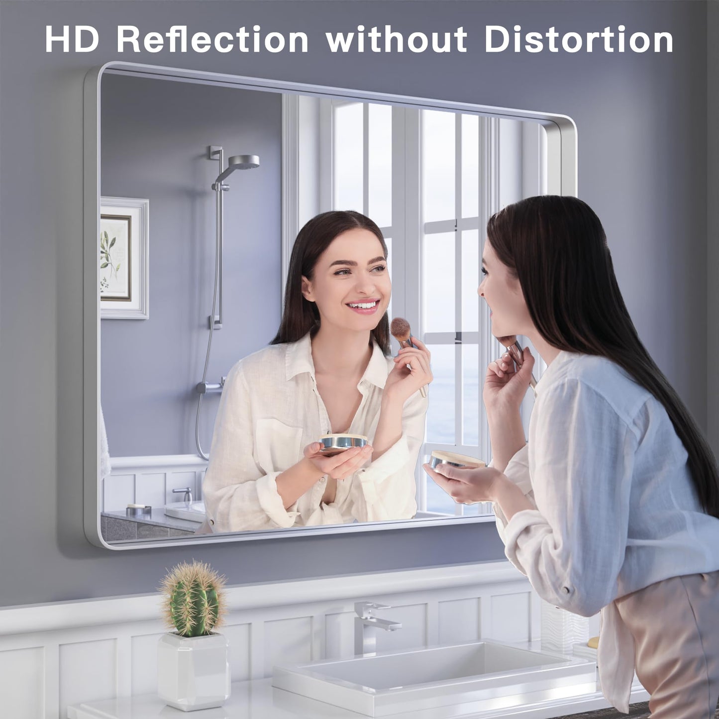 ISKM Metal Silver Frame Mirror - 48 x 36 Inch Stainless Steel Vanity Mirror for Bathroom, Non-Rusting Aluminum Alloy Matte Frame, Hangs Horizontal or Vertical