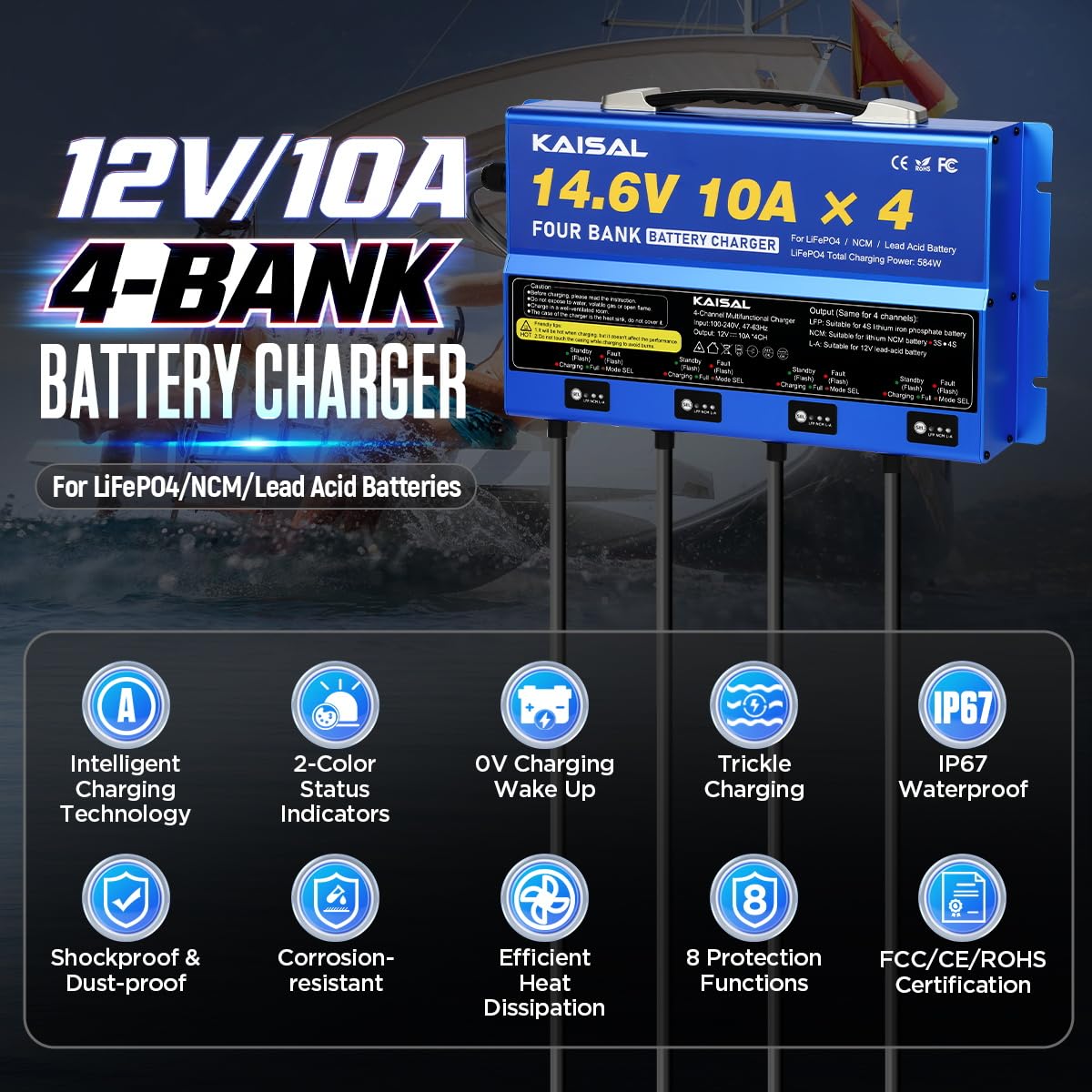 4 Bank Marine Battery Charger 12V 40A(10A/Bank) IP67 Waterproof 14.6V LiFePO4 & Lead-Acid & NCM Lithium Battery Charger 12 Volt 0V Wake Up 12V Onboard Battery Charger for Boat, Car, RV, Trolling Motor