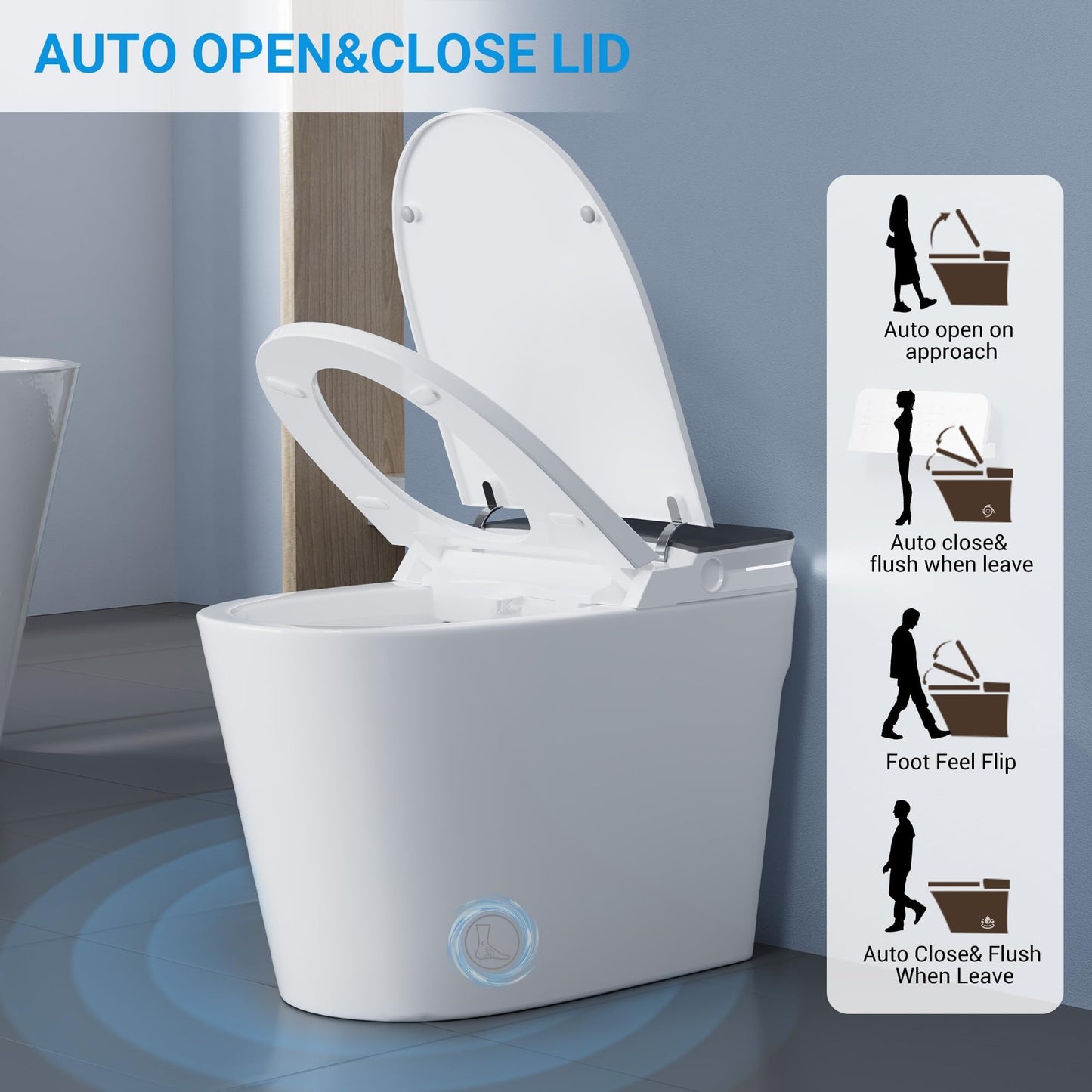 Smart Toilet with ADA Height, Bidet Built-In, Auto-Sensing Flip Lid, Off-Seat Auto Flush, Foot-Sensor, Instant Hot Water and Warm Air Drying, LED Display, Toilet with Light Strip