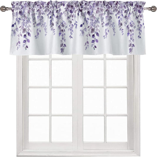 Potanhugie Valances for Windows Purple Eucalyptus Leaf Rod Pocket Cafe Window Treatments Valance Curtains for Kitchen Bathroom Laundry Basement Windows 42 x 12 inch
