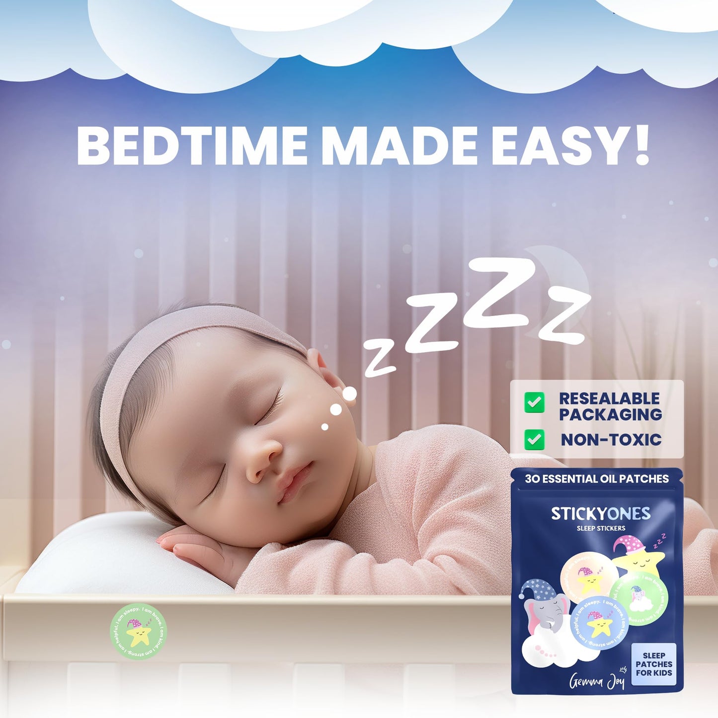 Gemma Joy Bedtime Baby Soothers & StickyOnes Sleep Patches - Cry Activated Heartbeat Bunny Plush Toy, Stuffed Animal with Calming Light & All-Natural, No Melatonin Bedtime Patches for Kids and Baby