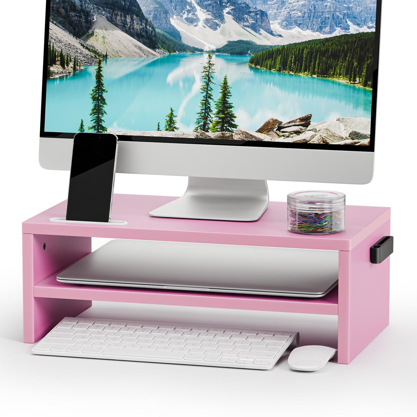 Marbrasse Monitor Stand Riser, 16.5 Inch 2 Tier Computer Printer Shelf Stand for Laptop Computer Screen Storage, Desktop Stand with Phone Holder and Cable Management Black