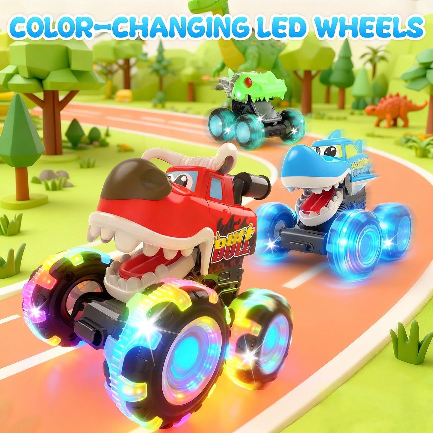 Pnooe Monster Truck Toys, 3 Pack Light Up Cars for Toddlers, Baby Animal Toy Trucks Dino Cars with LED Lightning Wheels, Press & Go Car with Moving Mouth for Kids Boys Girls Christmas Birthday Gifts