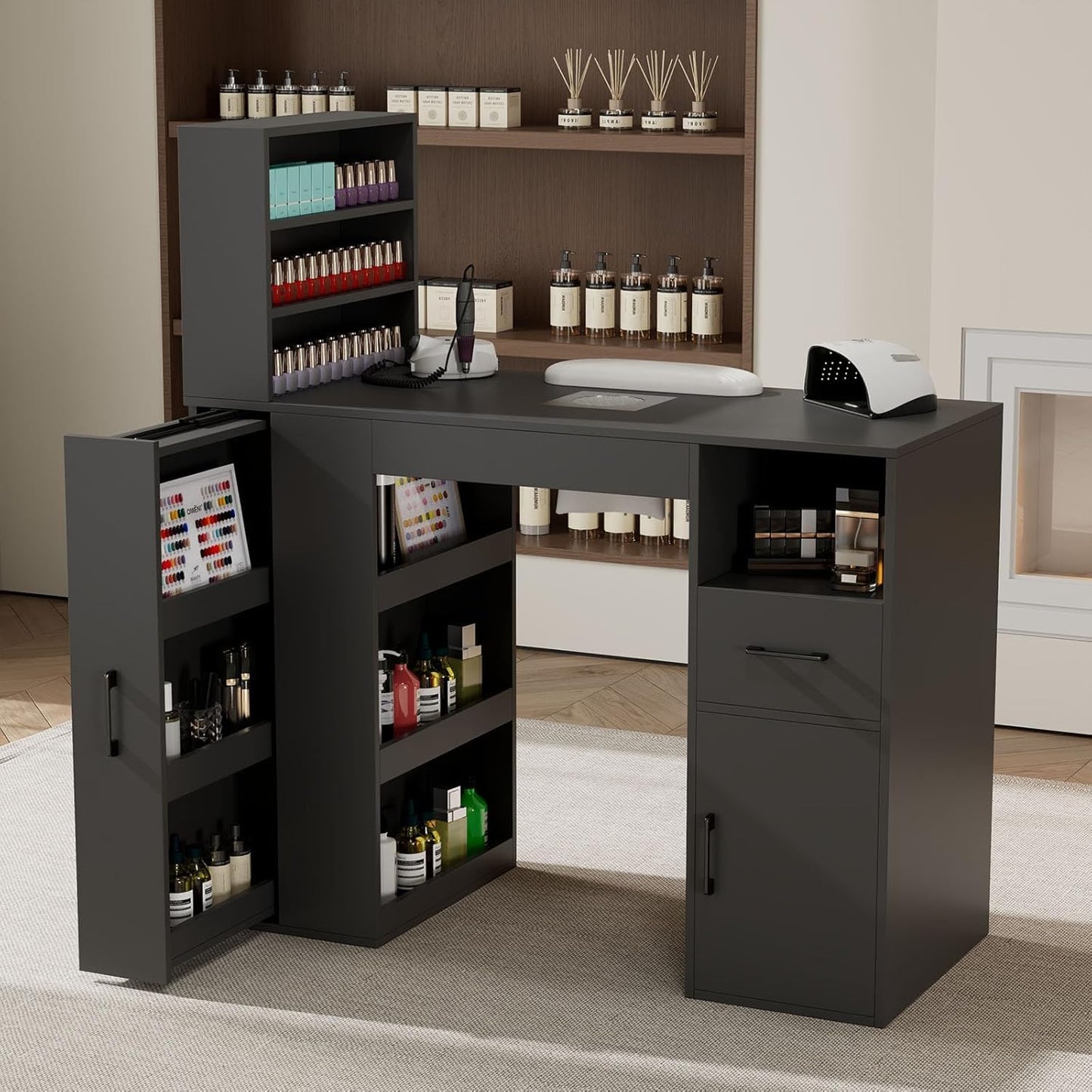 GOFEI Professional Nail Desk for Nail Tech with Storage Cabinet and Fan – Modern Nail Table for Salon, Nail Tech Table with Drawer, Armrest & Dust Collector,Manicure Table Nail Desk (Black)