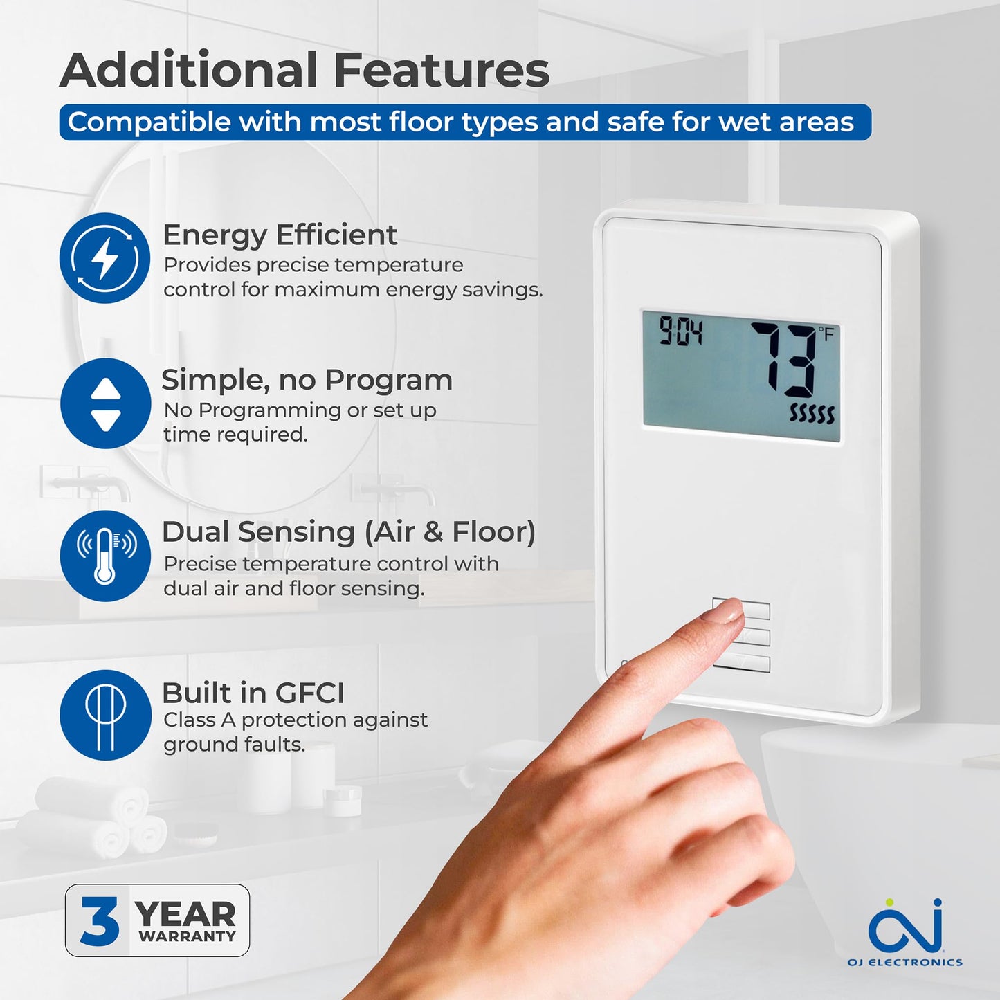 OJ Microline UTN4 Radiant Floor Heat Thermostat w/Class A GFCI - 120/240v Radiant in Floor Heating Thermostat Non-Programmable - Dual Sensing - Includes Sensor - 3-Year Warranty & USA Product Support