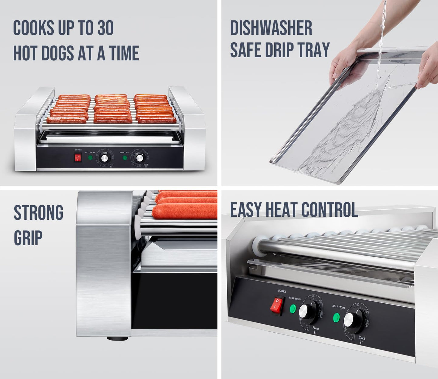 SYBO Hot Dog Roller, 30 Hot Dogs 11 Rollers Grill Cooker Machine with Removable Stainless Steel Drip Tray, 1430-Watts, Ideal for Commercial And Party Use