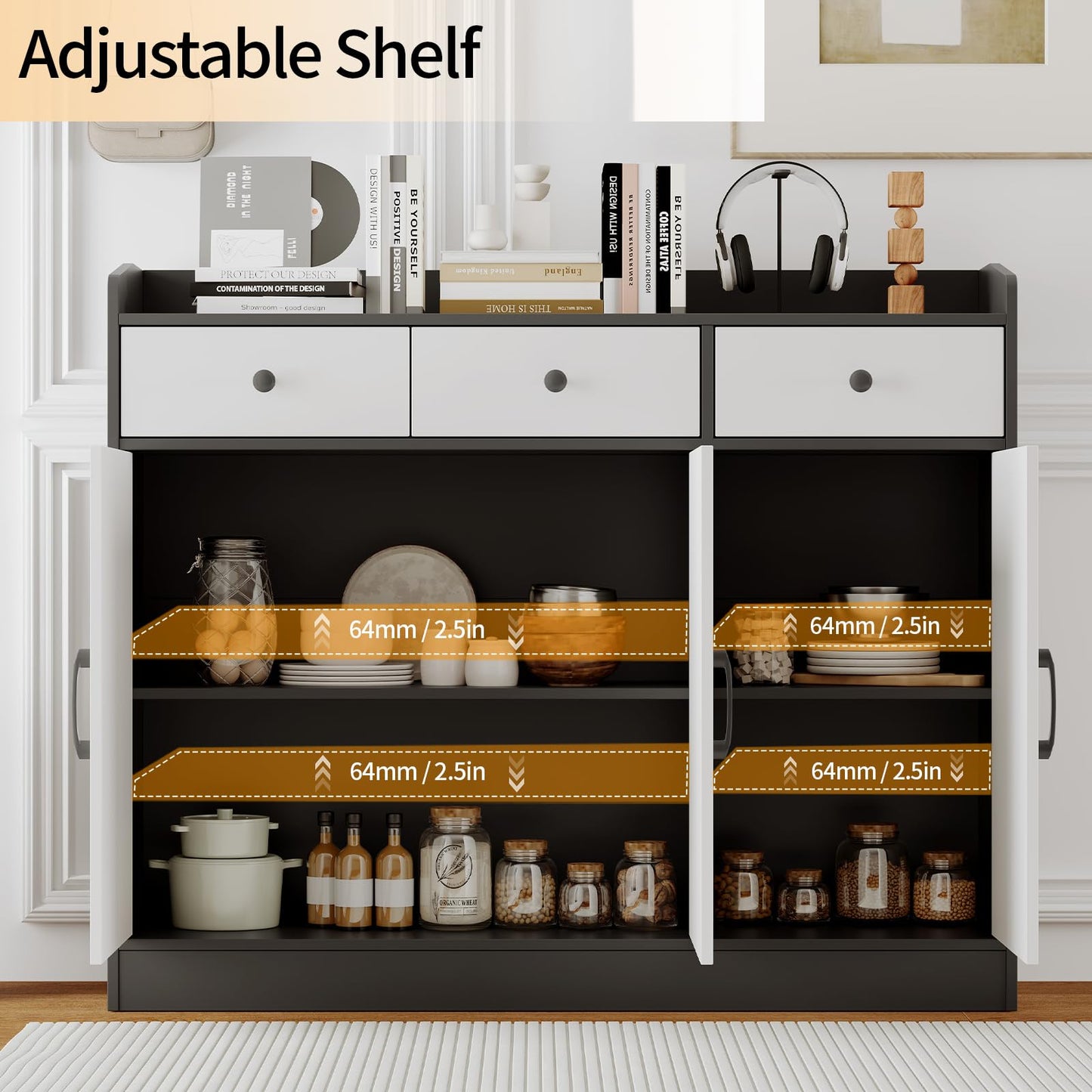 GarveeHome 42.5 in Sideboard Buffet Cabinet with Storage, Wooden Kitchen Storage Cabinet with Adjustable Shelf, Modern Coffee Bar Buffet Table for Living Room Entryway Dining Room