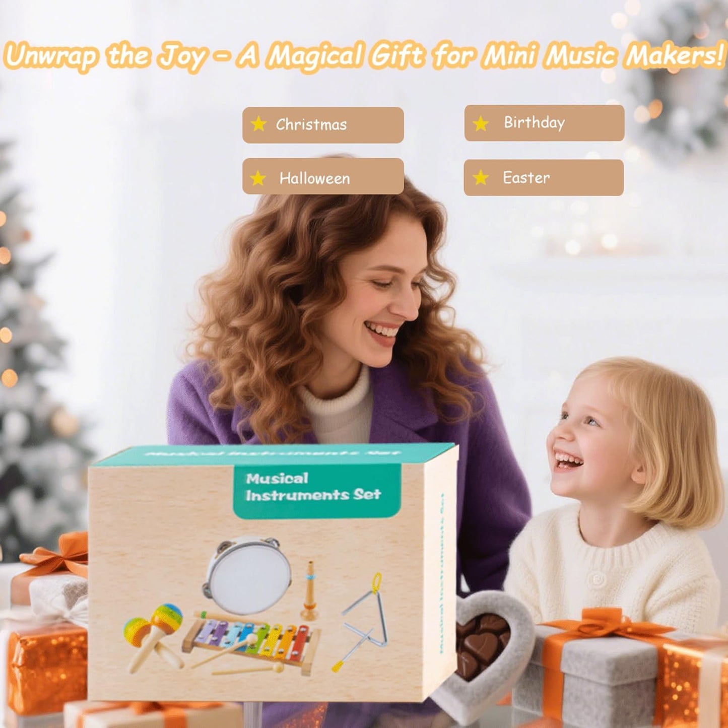 Montessori Toys for 1 2 Year Old, Wooden Musical Instruments for Toddlers 1-3, Educational Baby Drum Set with Xylophone & Maracas, First Birthday Gifts for Boys Girls, Easter Basket Stuffers for Kids