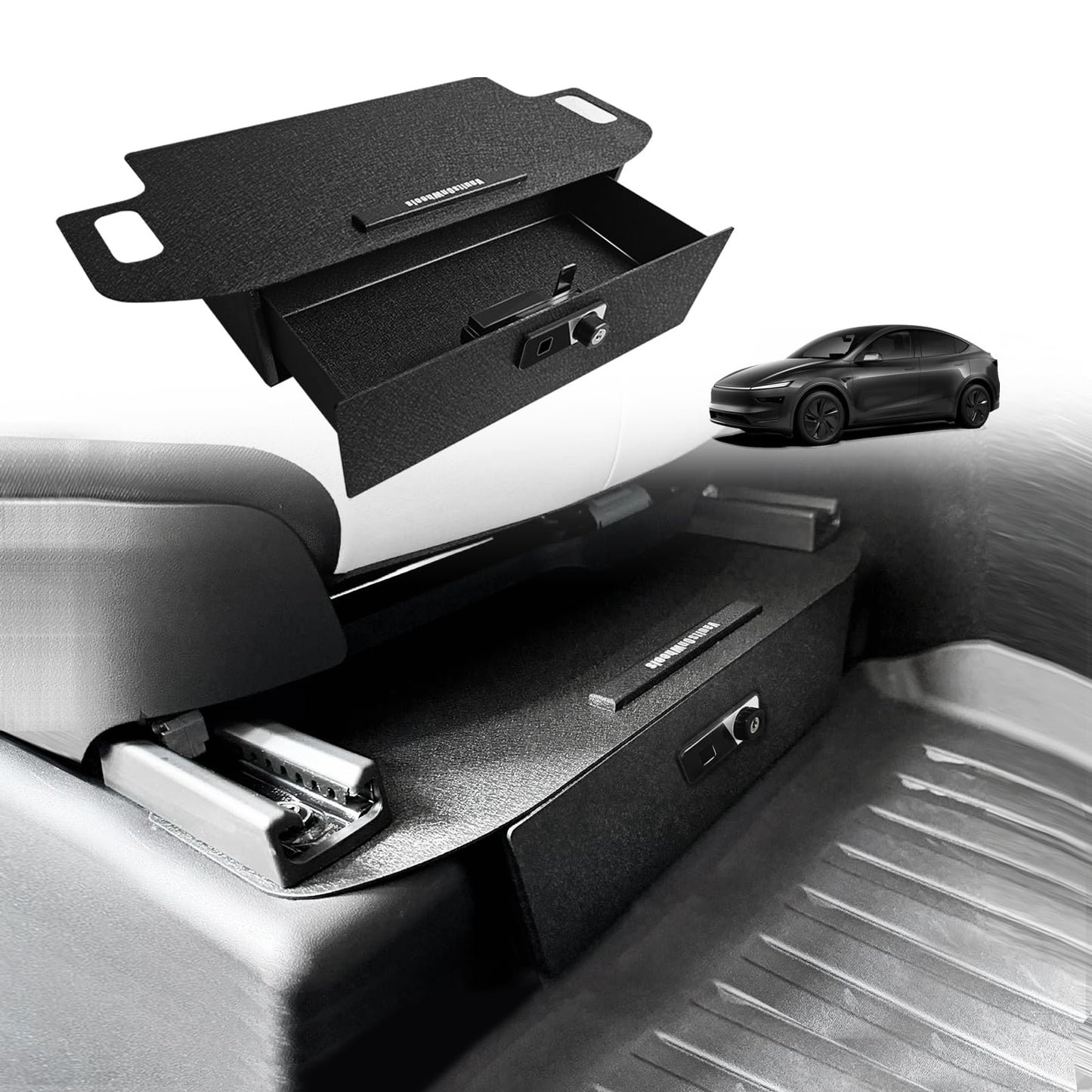 VaultsOnWheels for 2026+ Tesla New Model Y Juniper Front Seat Safe Vault Patented Design Gun Safe Box Driver/Passenger Side Drawer LockBox Anti-Theft Biometric Fingerprint Lock