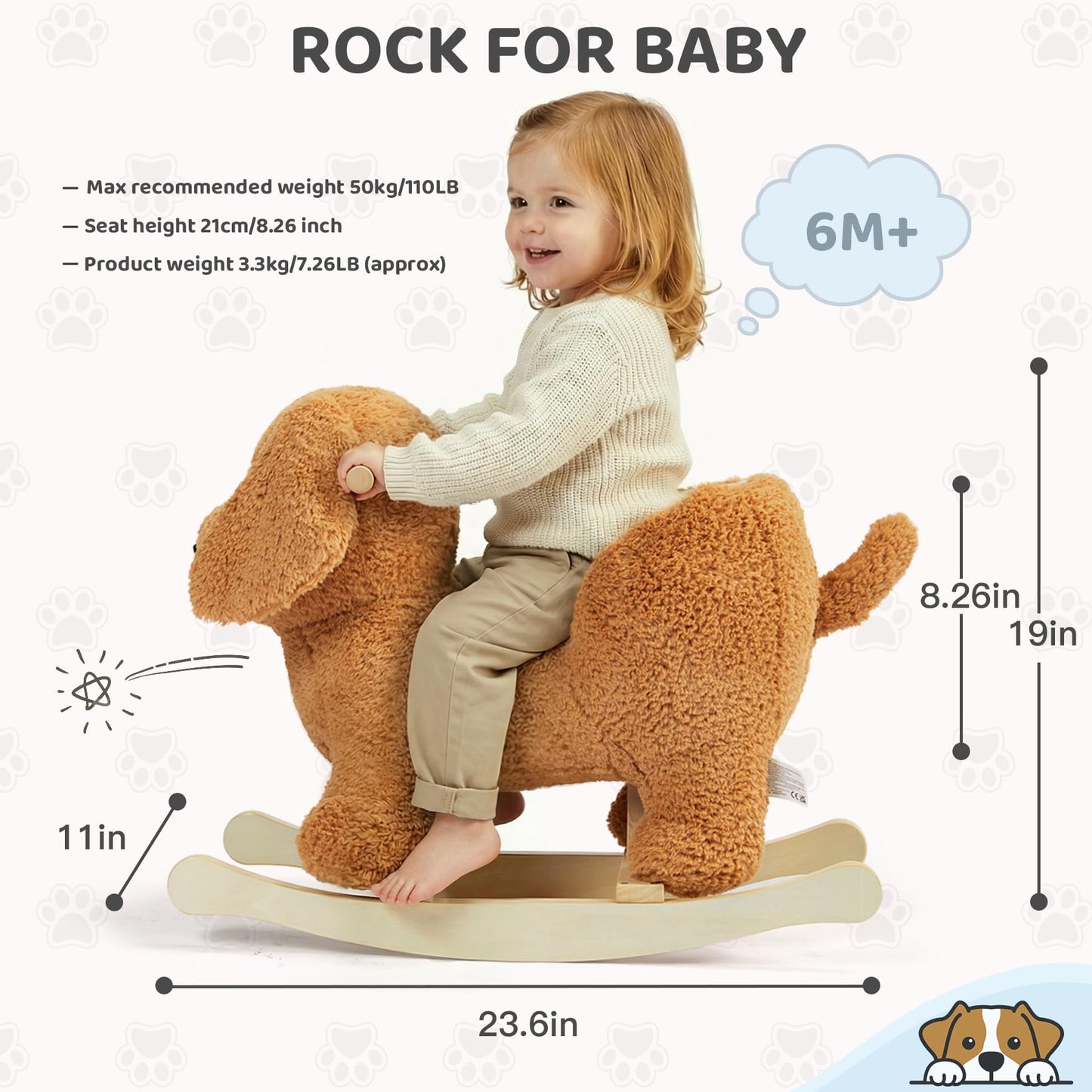 Baby Rocking Horse,Poodle Wooden Rocking Horse for Toddlers 1 Year Old Cute Dog Stuffed Plush Ride-on Toy Rocking Animal for Baby Boys and Girls Nursery/Child Christmas or Birthday Gift