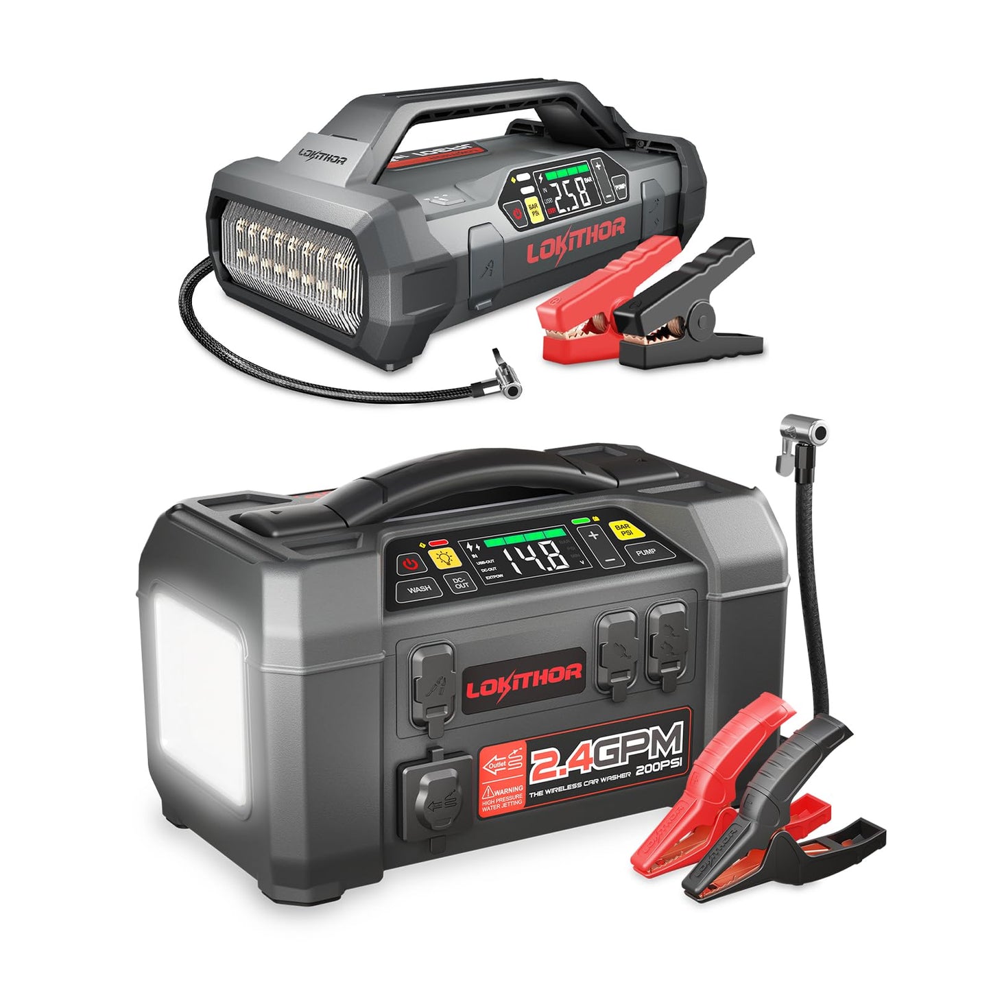 LOKITHOR JA301 2000Amp Jump Starter with 150PSI Air Compressor and AW401 2500Amp Jump Starter with 200PSI Car Washer