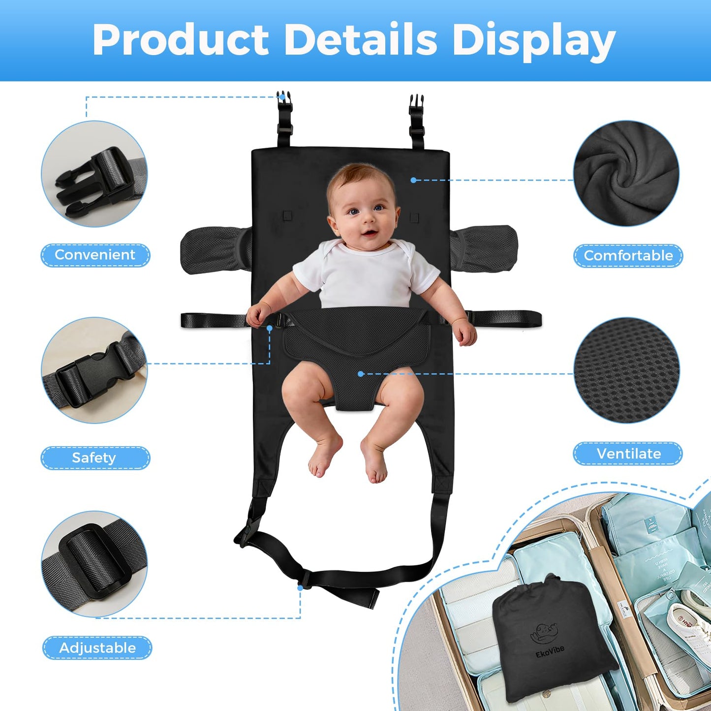 Infant Airplane Seat Extender Travel Bed | Baby on Lap Flight Bed | Foldable Soft Airplane Baby Travel Seat Extender on Lap with Neck Pillow | Fits Economy Seats | Black