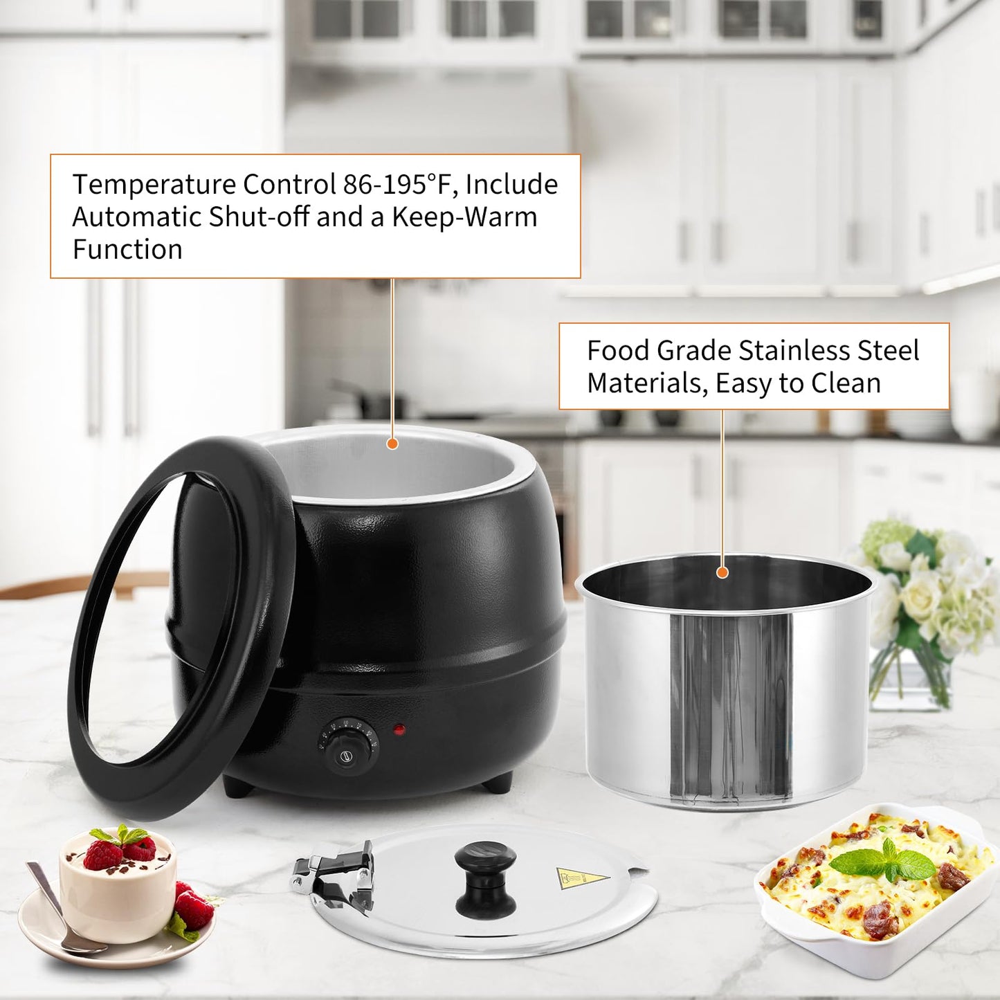 GarveeHome Soup Warmer, 13.7 Quarts Commercial Grade Soup Kettle with Hinged Lid and Detachable Stainless Steel Insert Pot, Food Warmer with Anti-Scald Handle for Restaurants, Buffet, Catering